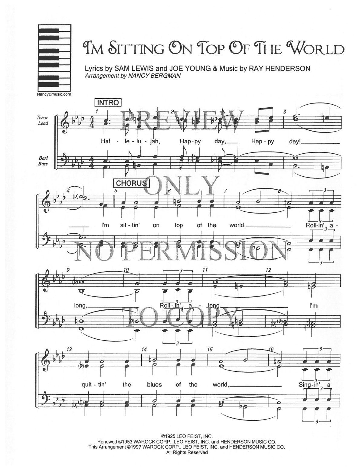 I'm Sitting On Top Of The World — sheet music preview, arranged by Nancy Bergman
