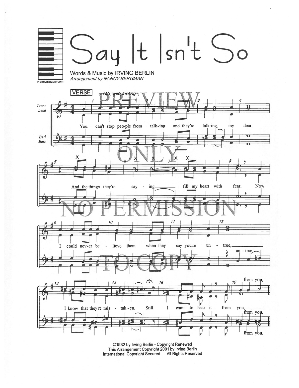 Say It Isn't So — sheet music preview, arranged by Nancy Bergman