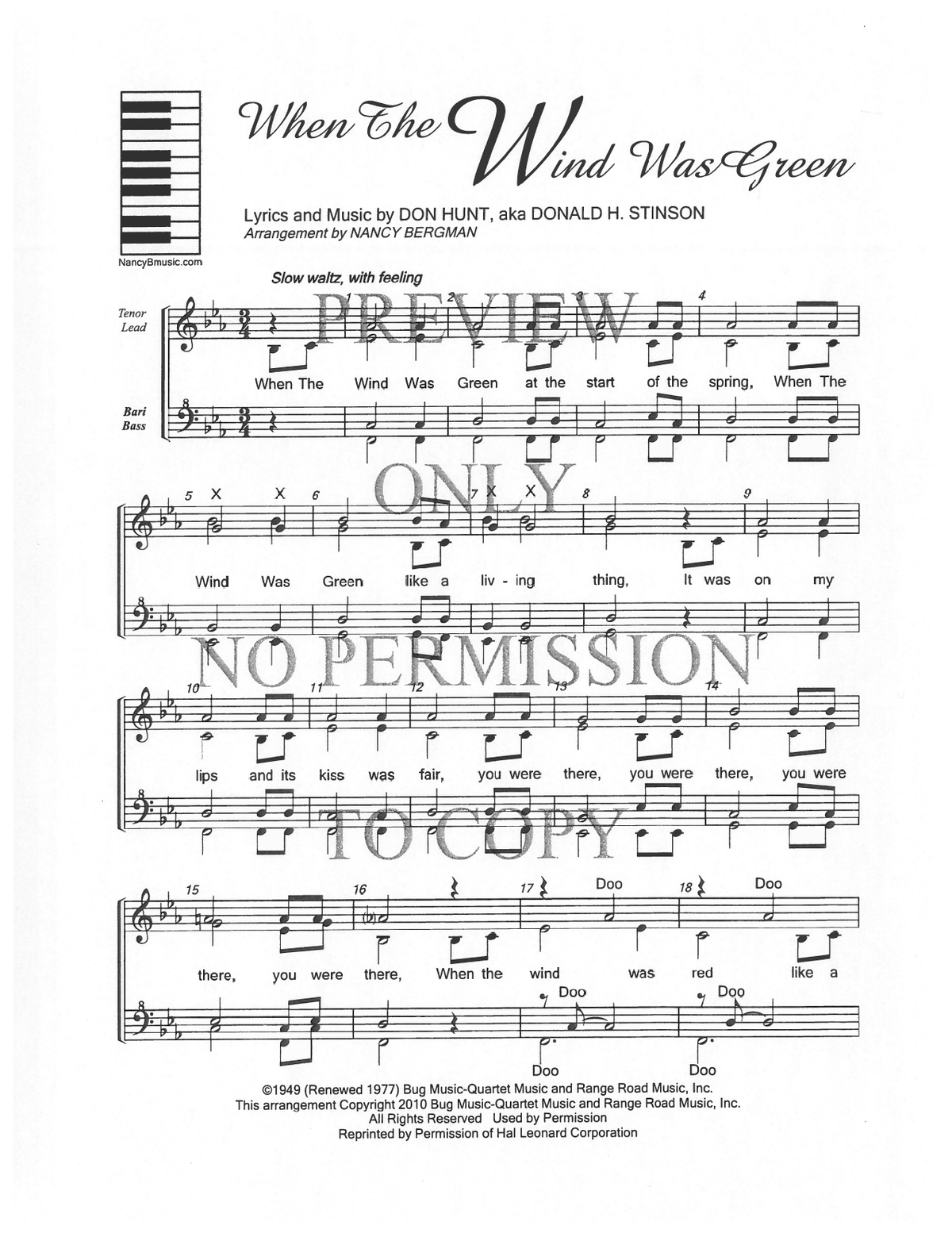 When The Wind Was Green — sheet music preview, arranged by Nancy Bergman