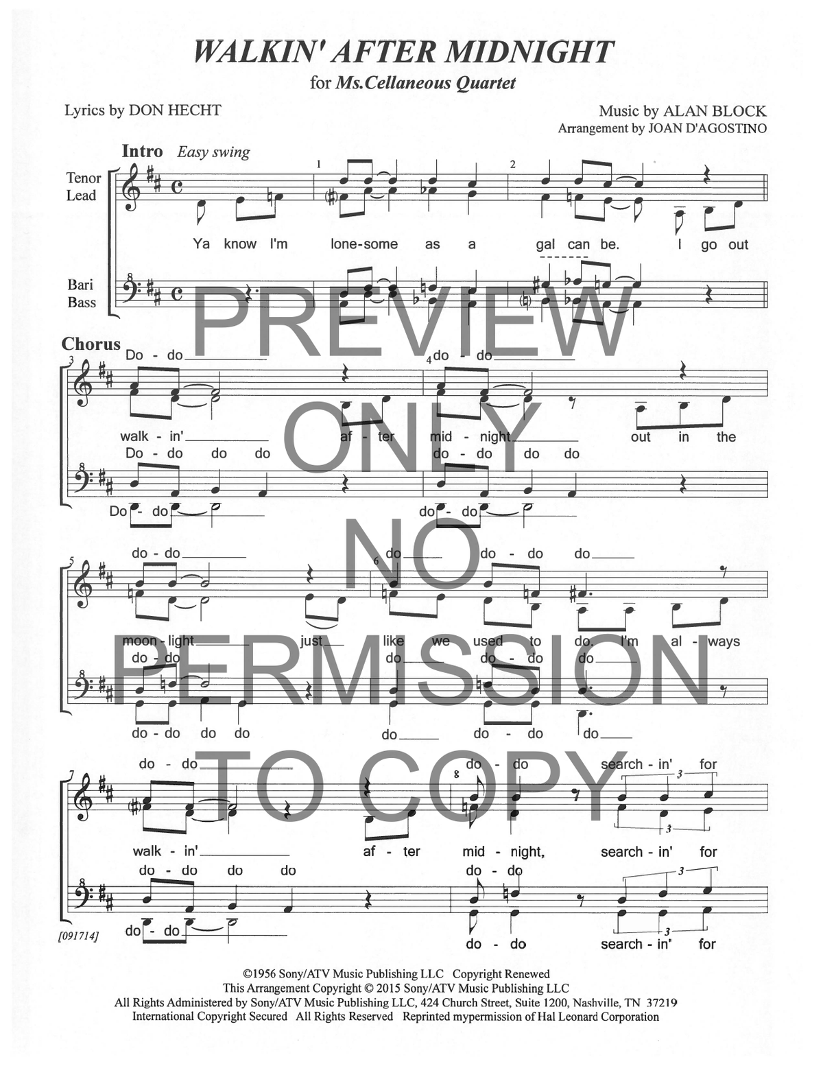Walkin' After Midnight — sheet music preview, arranged by Joan D 'Agostino