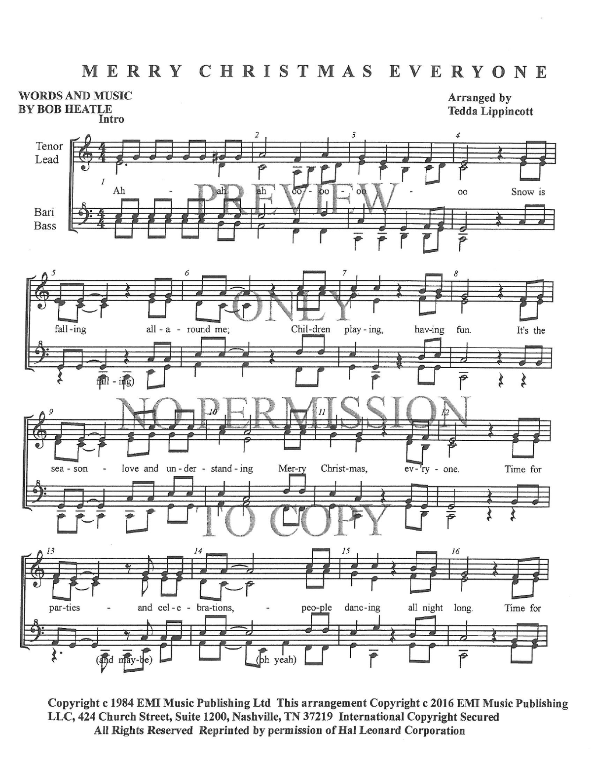 Merry Christmas Everyone — sheet music preview, arranged by Tedda Lippincott