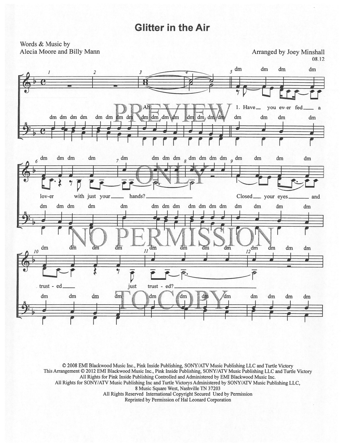 Glitter In The Air — sheet music preview, arranged by Joey Minshall