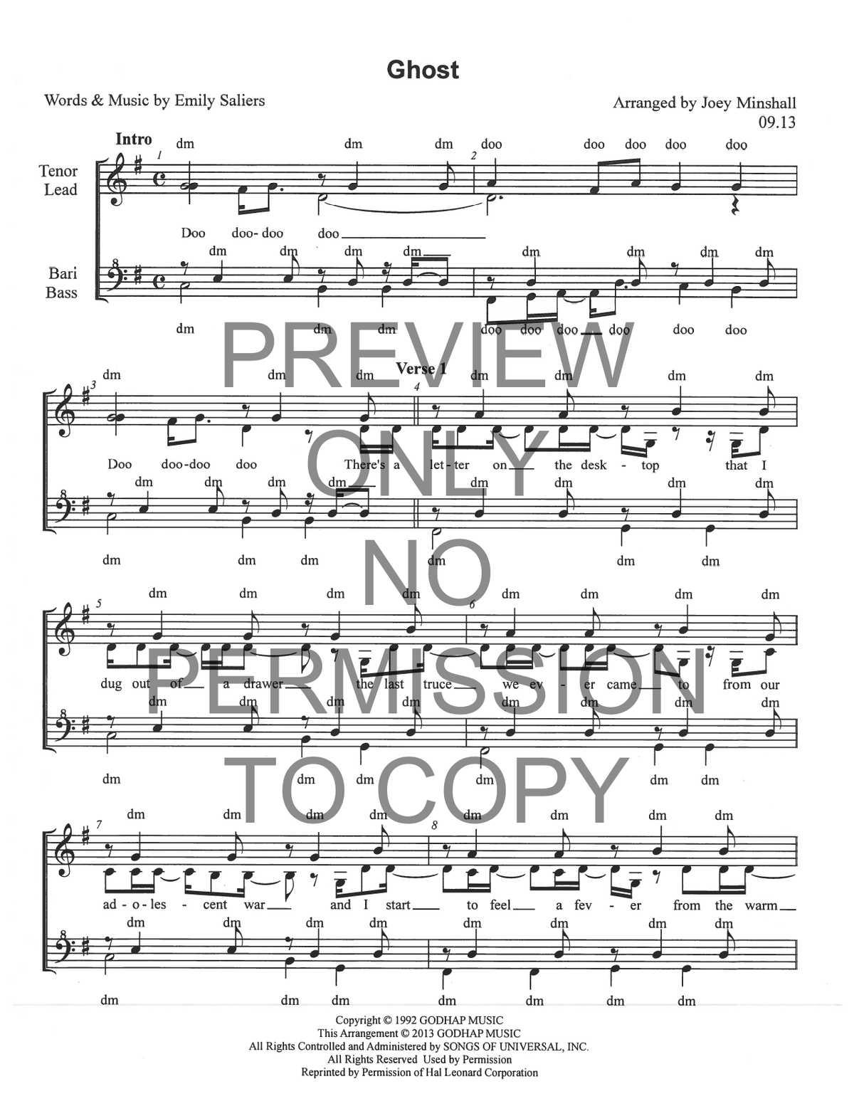 Ghost — sheet music preview, arranged by Joey Minshall