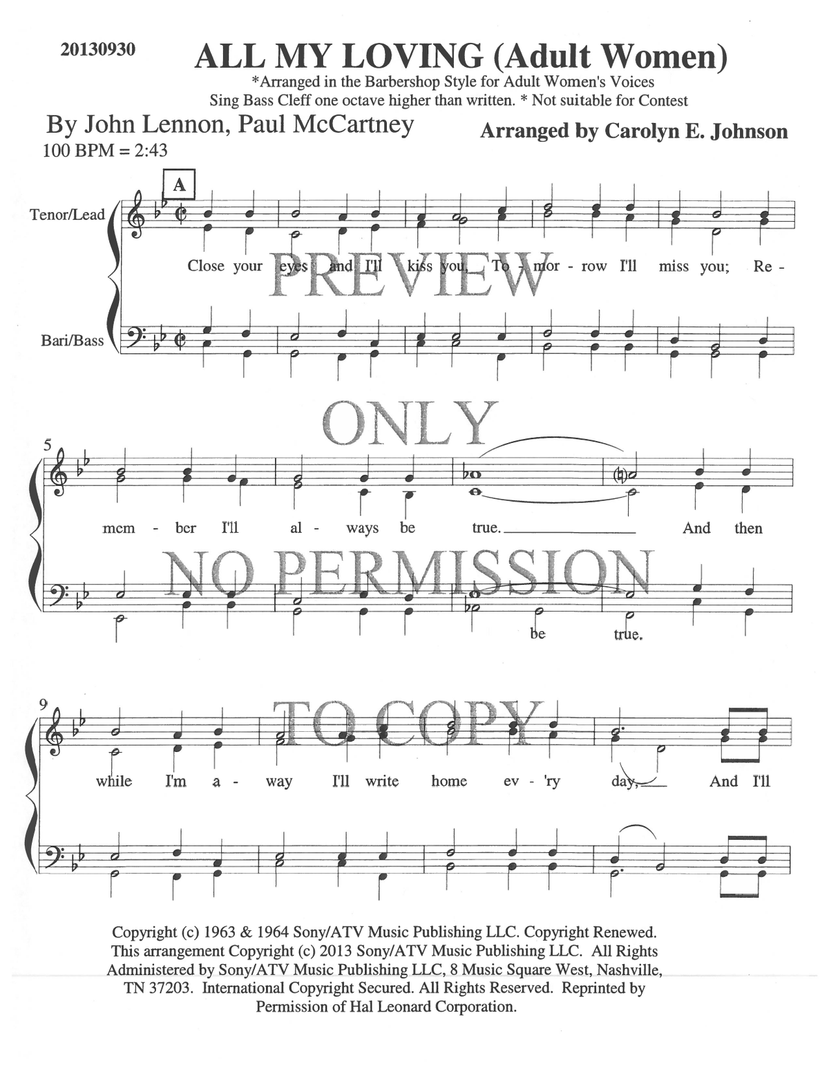 All My Loving — sheet music preview, arranged by Carolyn Johnson