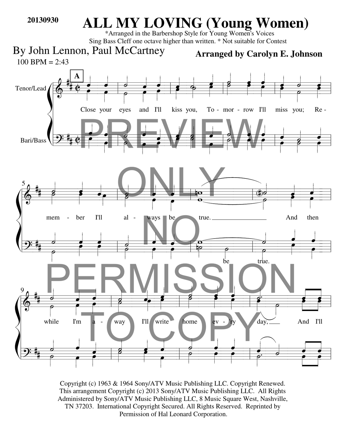 YW - All My Loving — sheet music preview, arranged by Carolyn Johnson