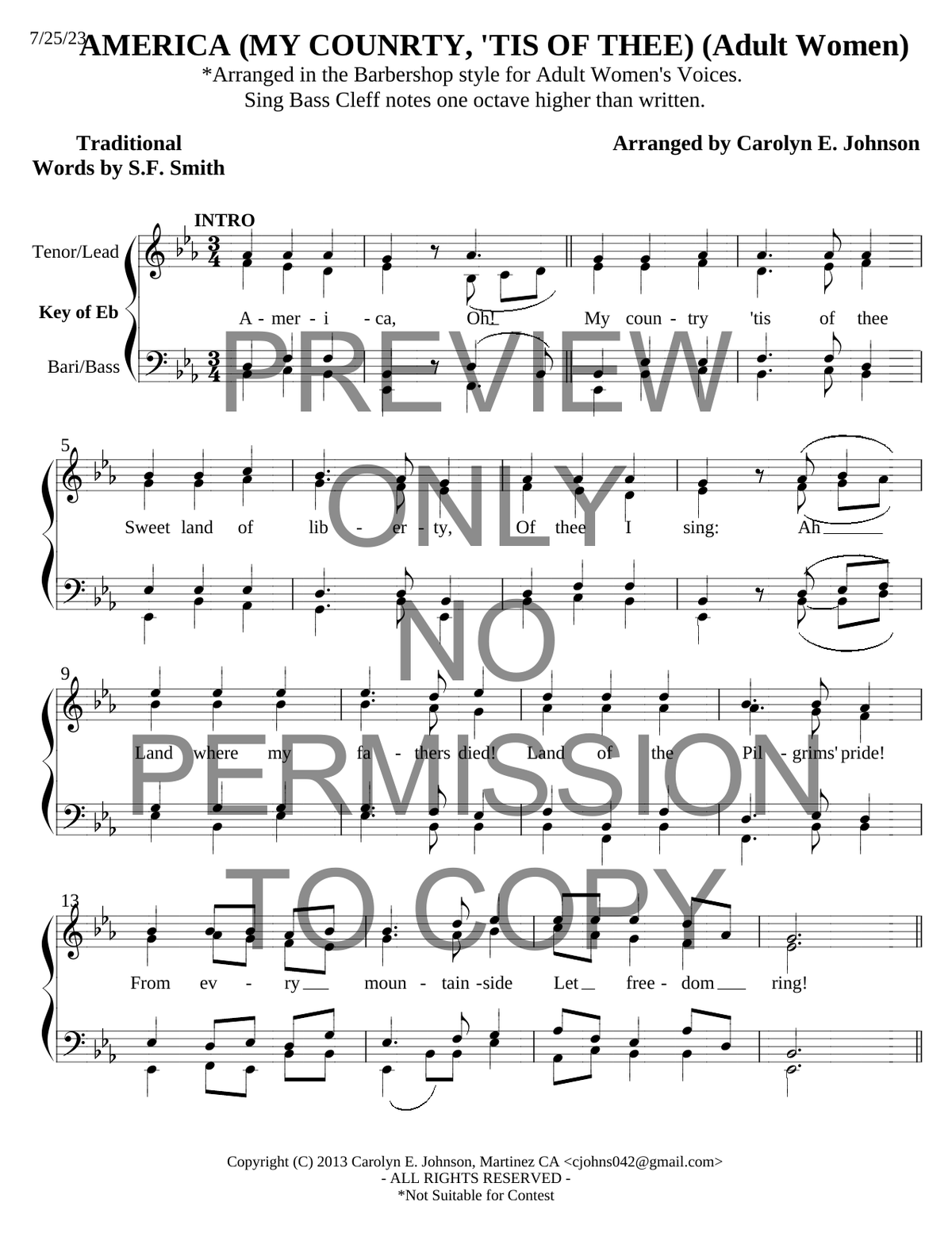 America (My Country, 'Tis Of Thee) — sheet music preview, arranged by Carolyn Johnson