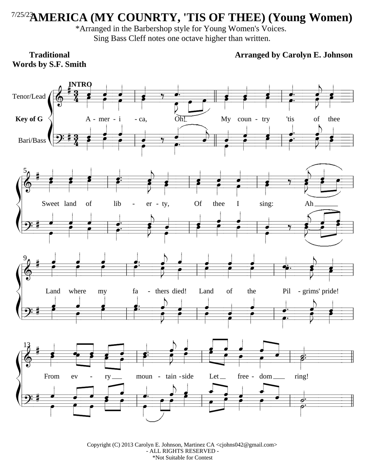 YW - America (My Country, 'Tis Of Thee) — sheet music preview, arranged by Carolyn Johnson
