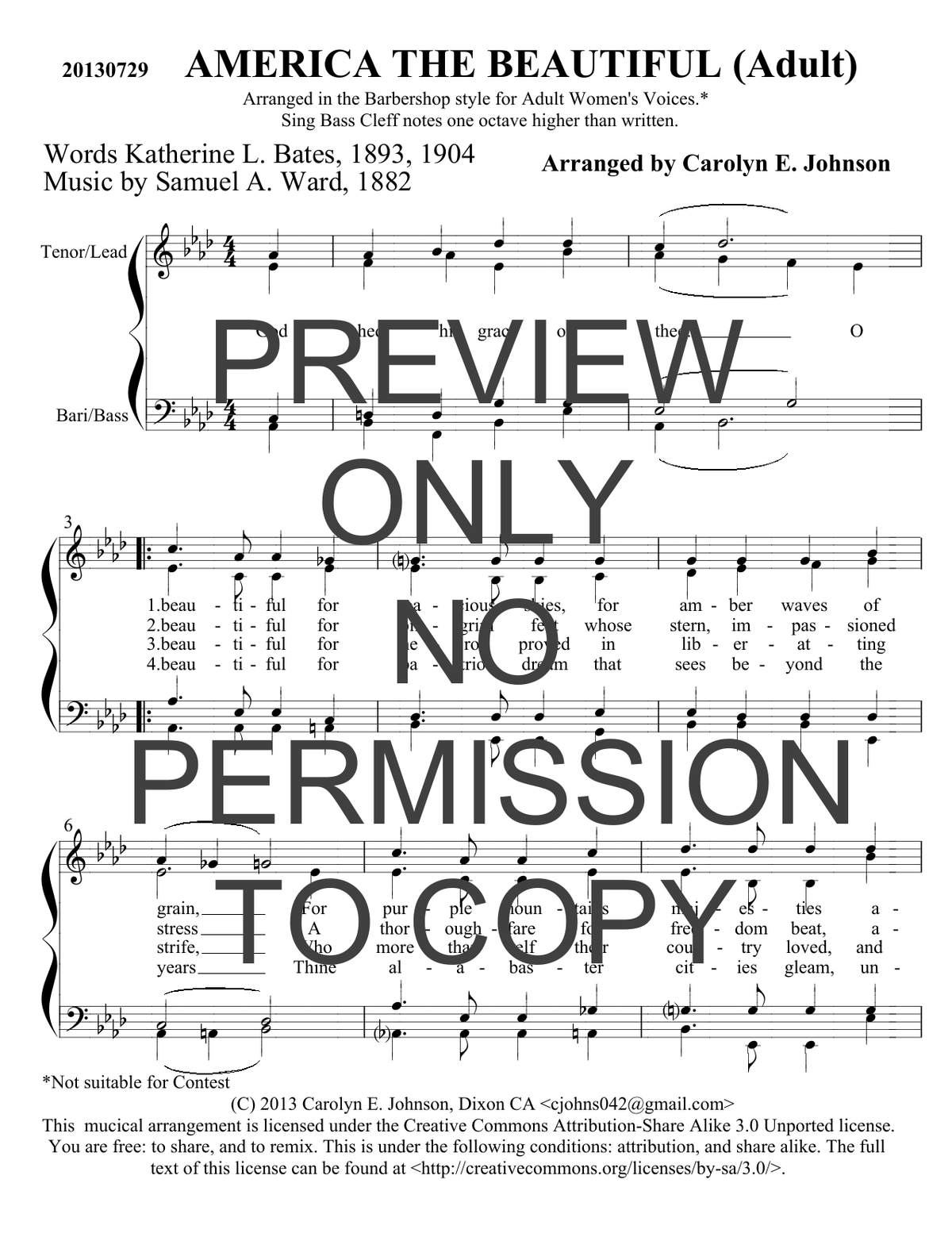 America The Beautiful — sheet music preview, arranged by Carolyn Johnson