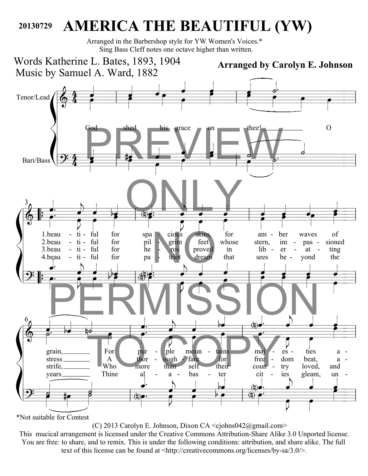 YW - America The Beautiful — sheet music preview, arranged by Carolyn Johnson