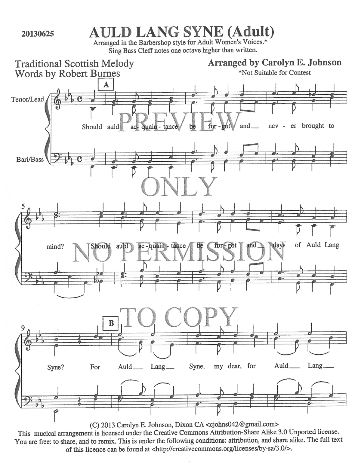 Auld Lang Syne — sheet music preview, arranged by Carolyn Johnson