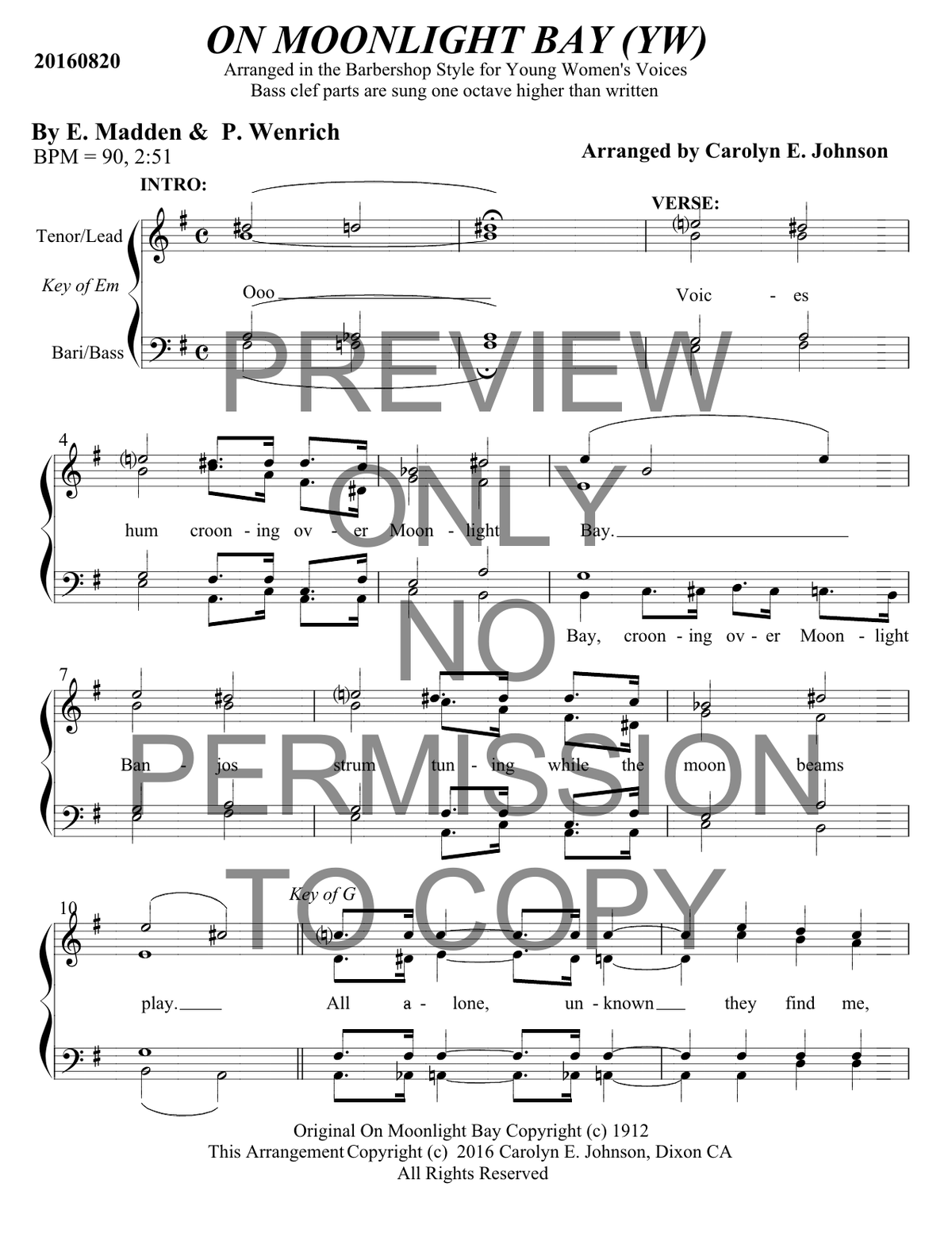 YW - On Moonlight Bay - Pirate Parody — sheet music preview, arranged by Carolyn Johnson