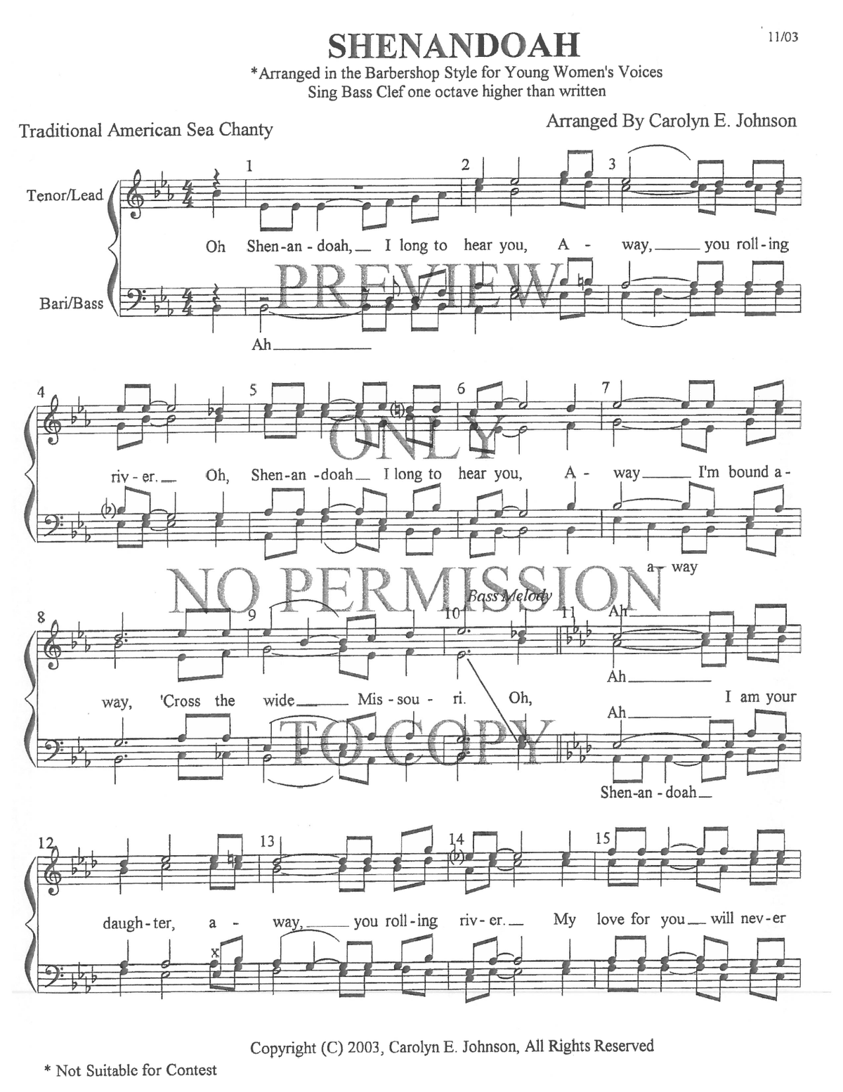 YW - Shenandoah — sheet music preview, arranged by Carolyn Johnson