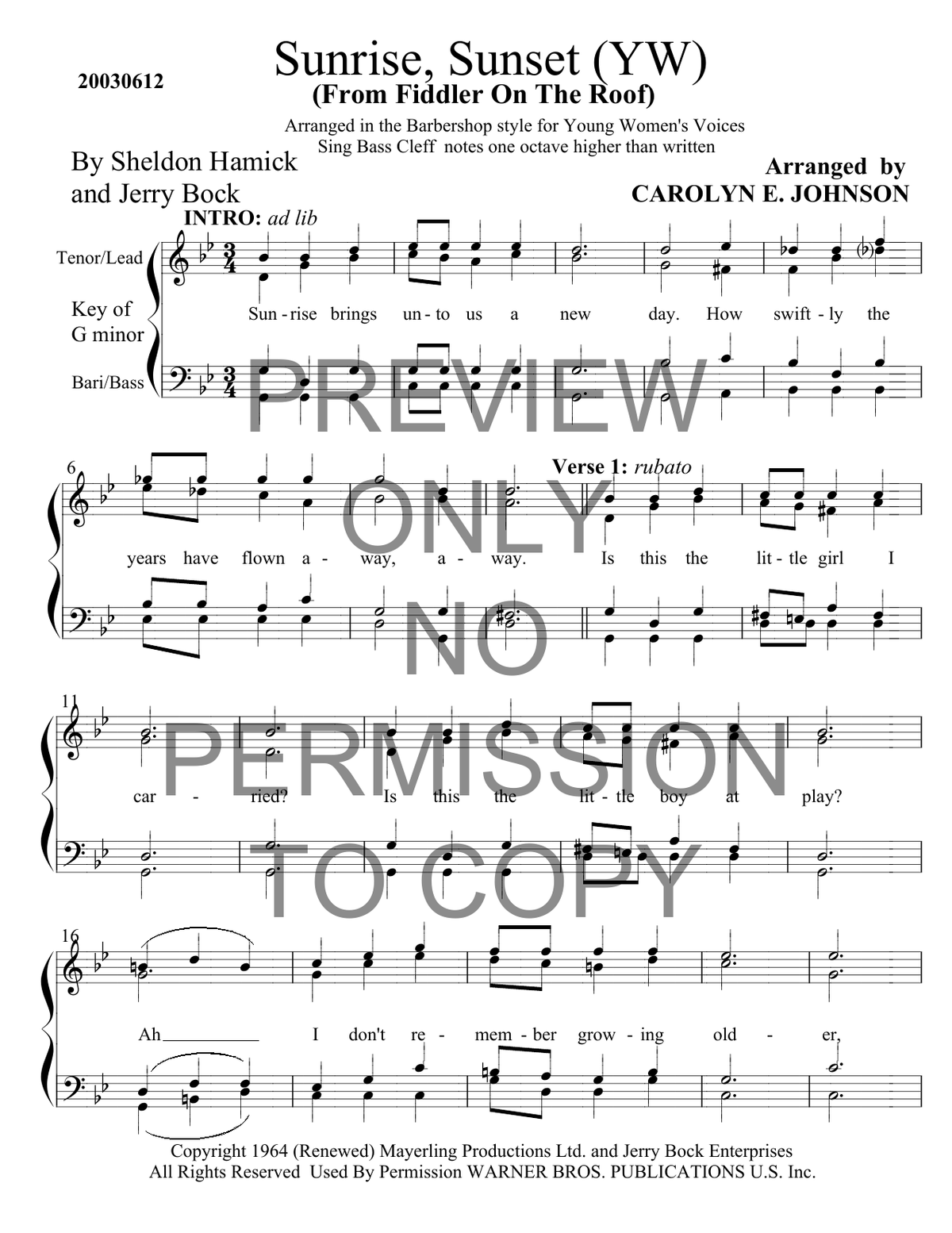 YW - Sunrise, Sunset — sheet music preview, arranged by Carolyn Johnson
