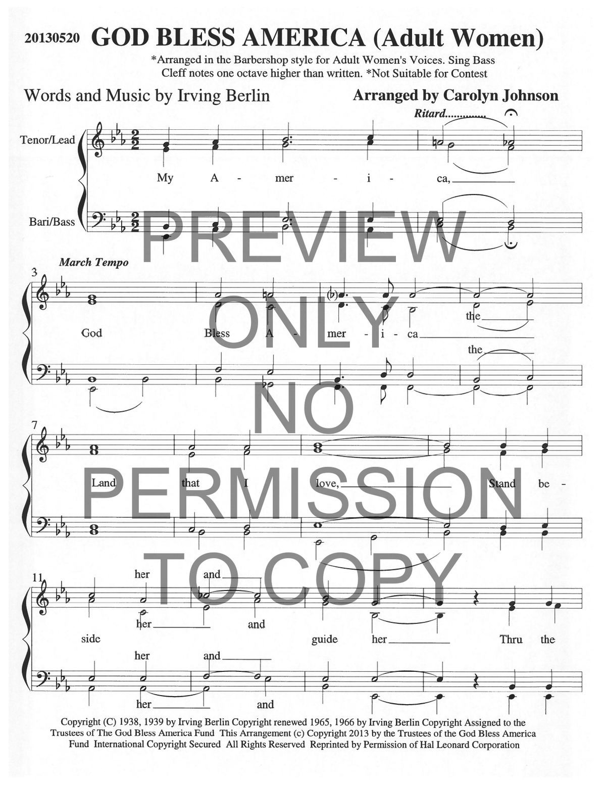 God Bless America (Adult Women) — sheet music preview, arranged by Carolyn Johnson
