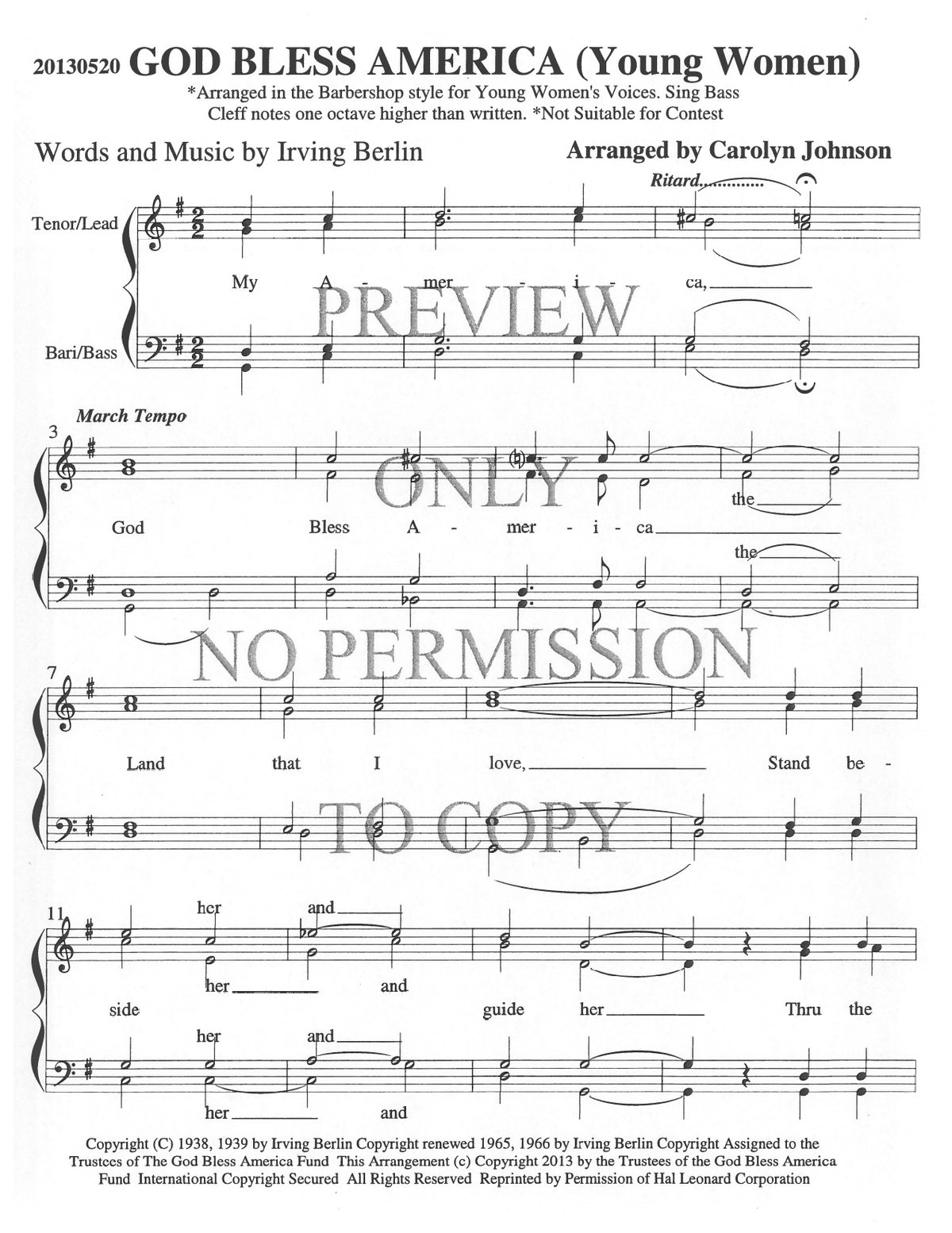 YW - God Bless America — sheet music preview, arranged by Carolyn Johnson