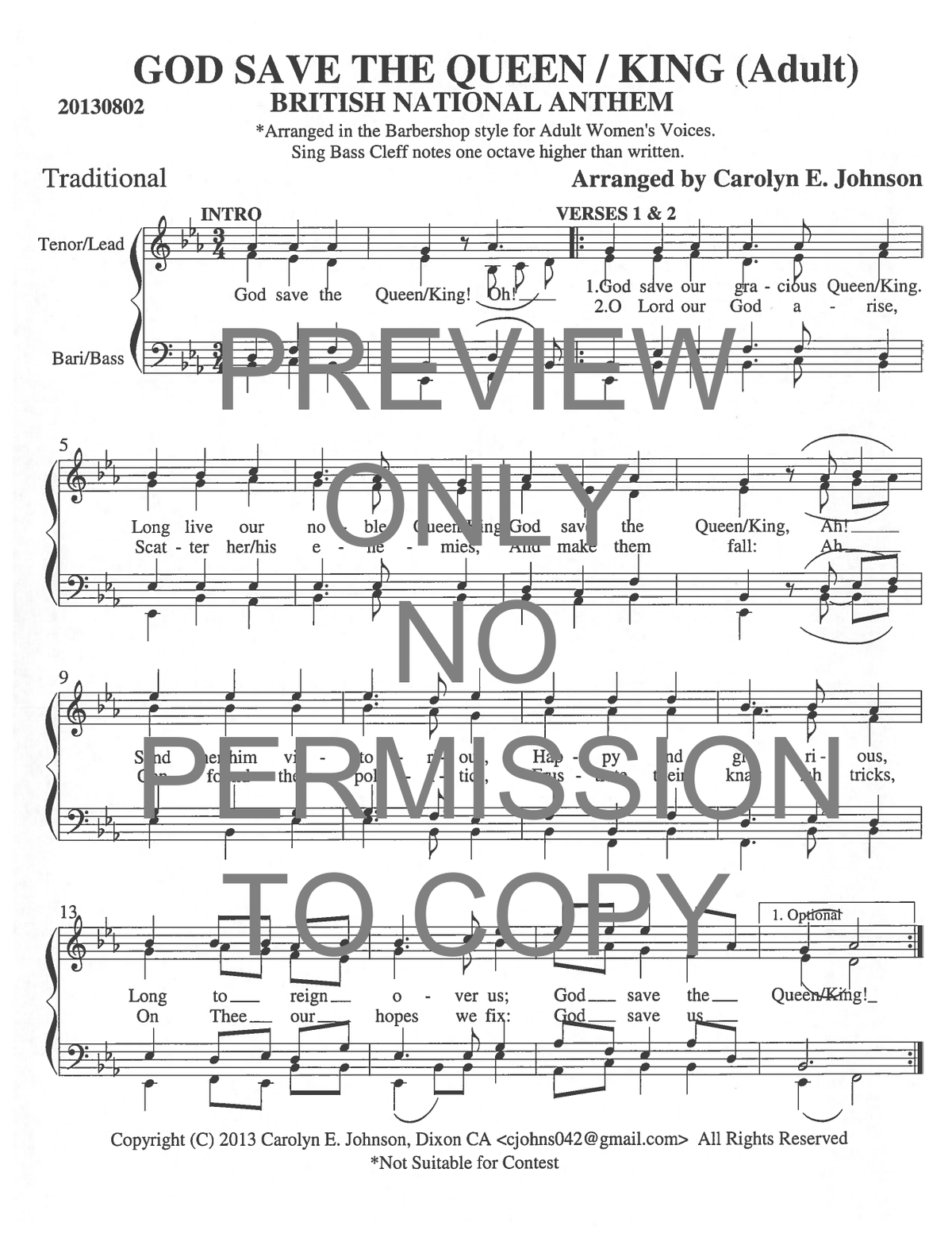 God Save The Queen/King British National Anthem — sheet music preview, arranged by Carolyn Johnson