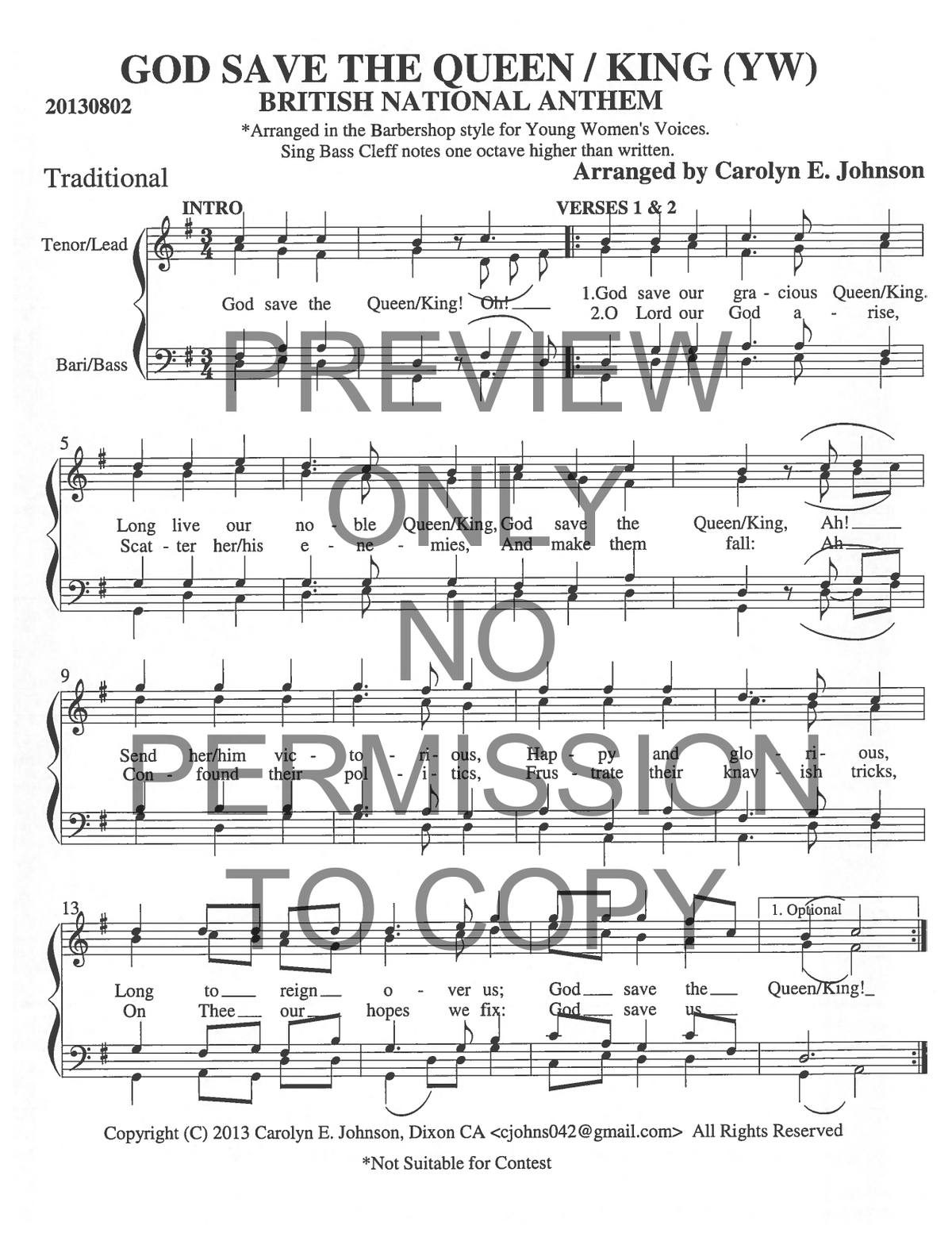 YW - God Save The Queen/King British National Anthem — sheet music preview, arranged by Carolyn Johnson
