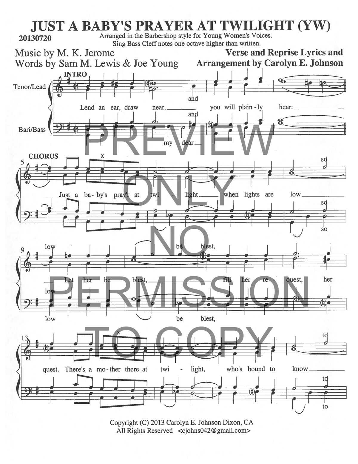 YW - Just A Baby's Prayer At Twilight — sheet music preview, arranged by Carolyn Johnson
