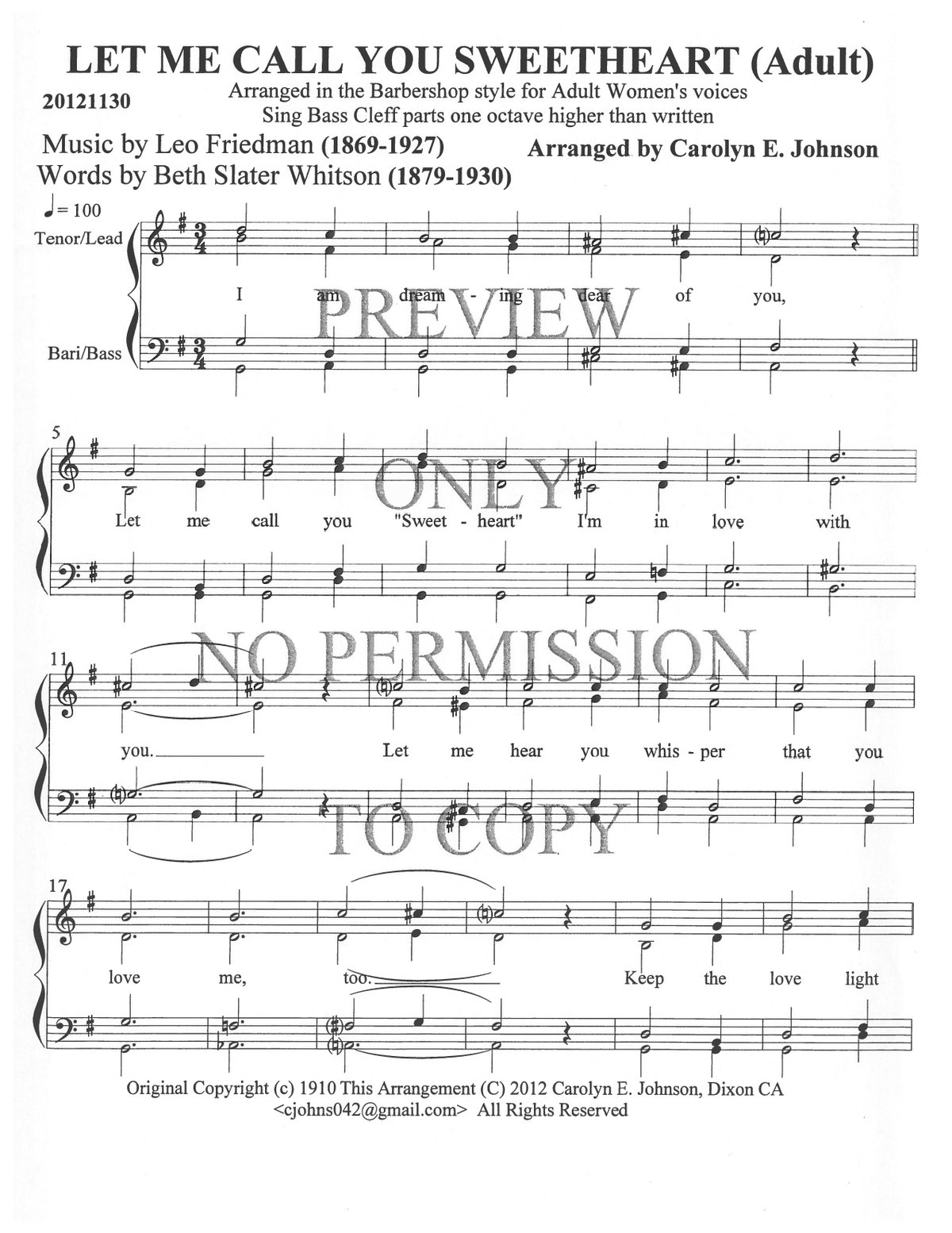 Let Me Call You Sweetheart — sheet music preview, arranged by Carolyn Johnson