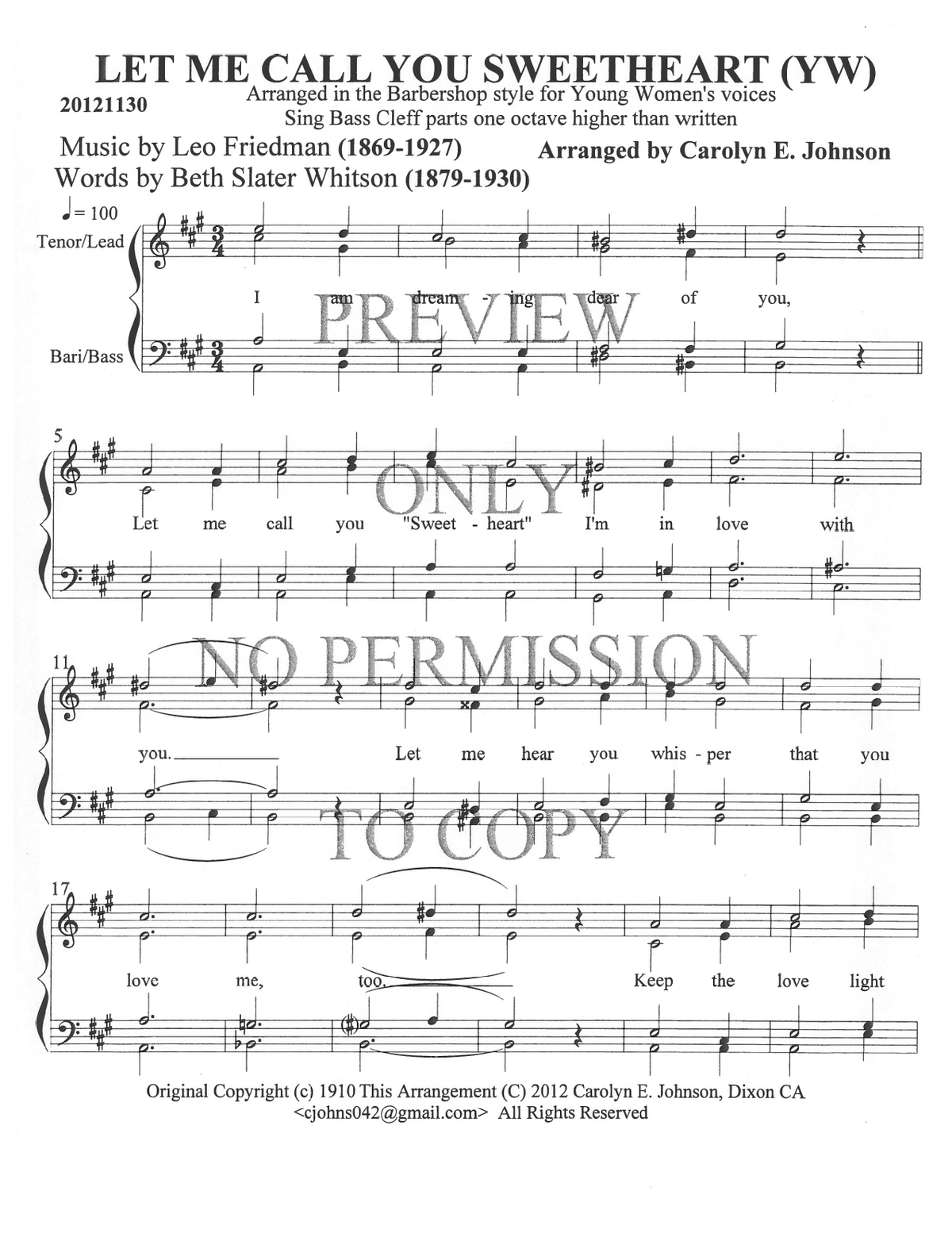 YW - Let Me Call You Sweetheart — sheet music preview, arranged by Carolyn Johnson