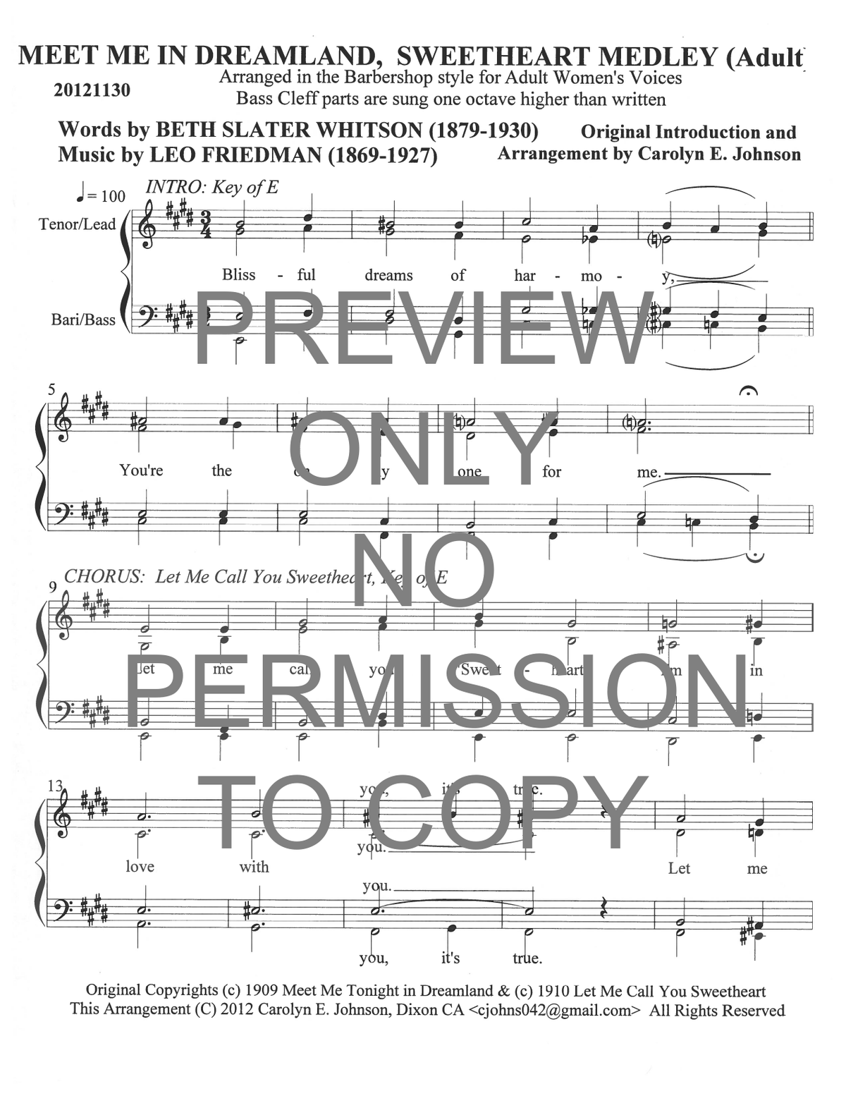 Dreamland/Sweetheart Medley — sheet music preview, arranged by Carolyn Johnson