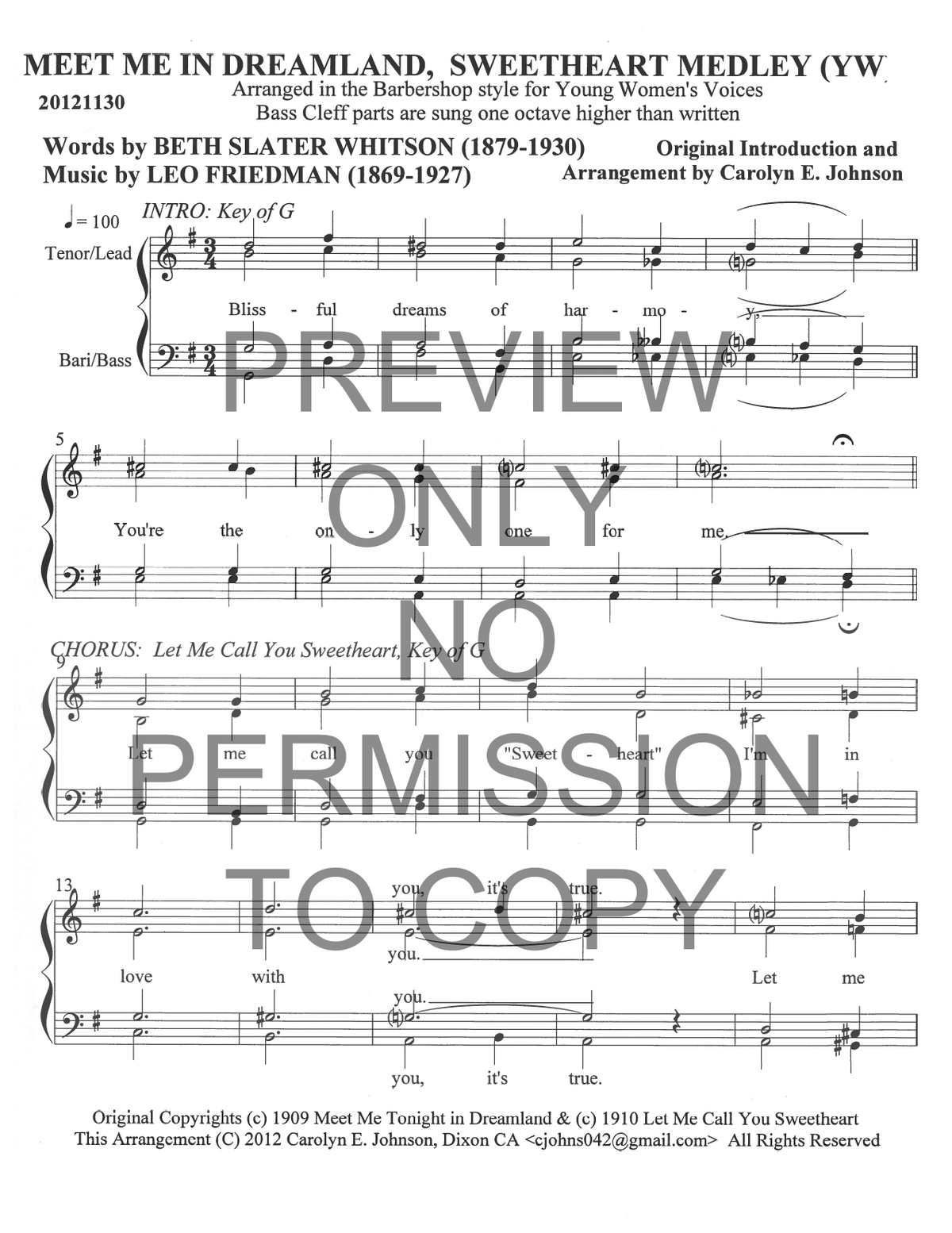 YW - Dreamland/Sweetheart Medley — sheet music preview, arranged by Carolyn Johnson