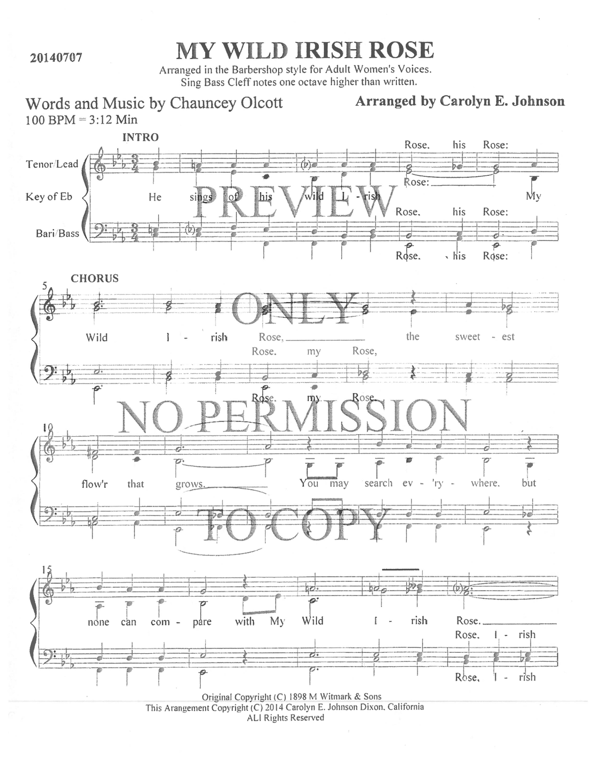 My Wild Irish Rose — sheet music preview, arranged by Carolyn Johnson