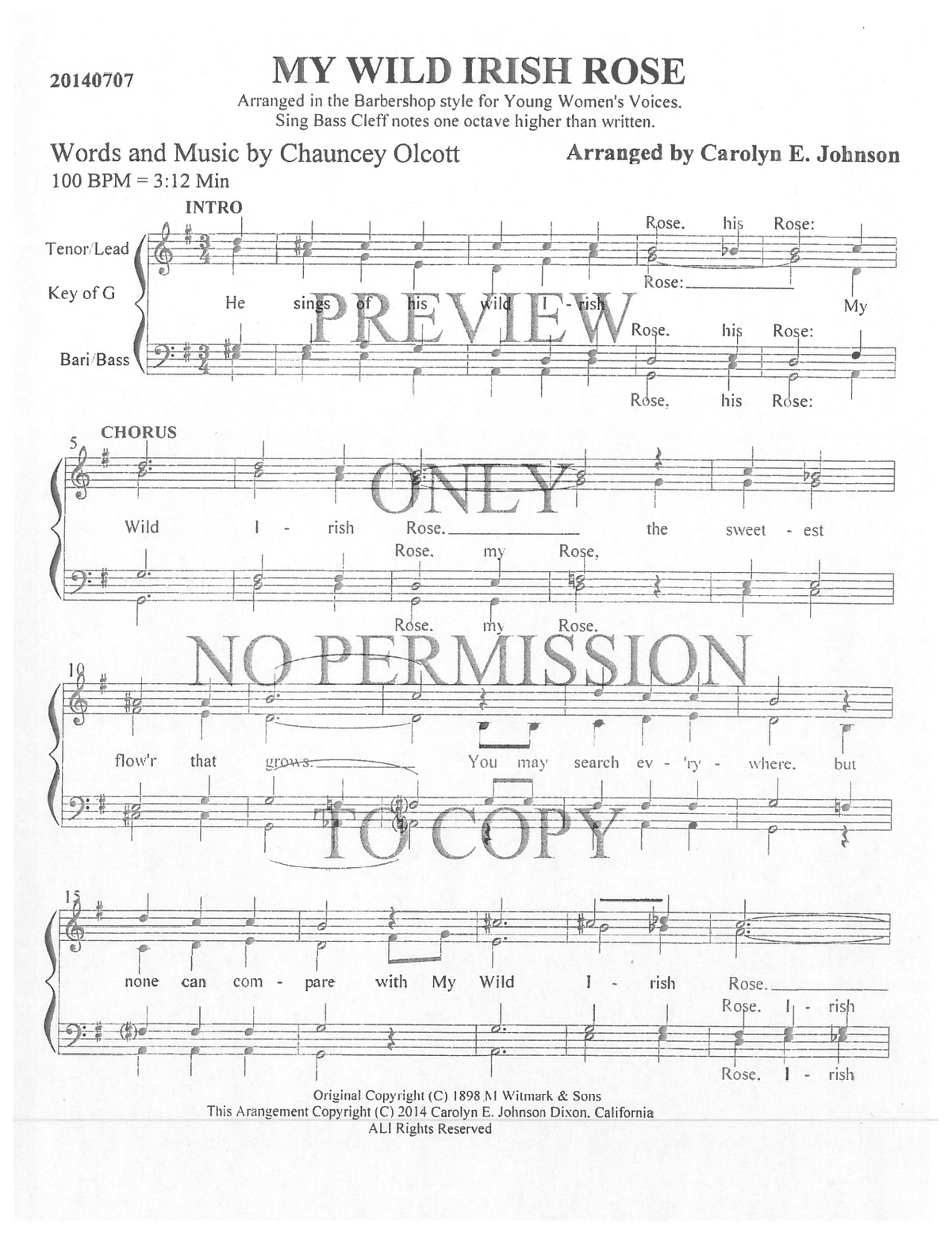 YW - My Wild Irish Rose — sheet music preview, arranged by Carolyn Johnson