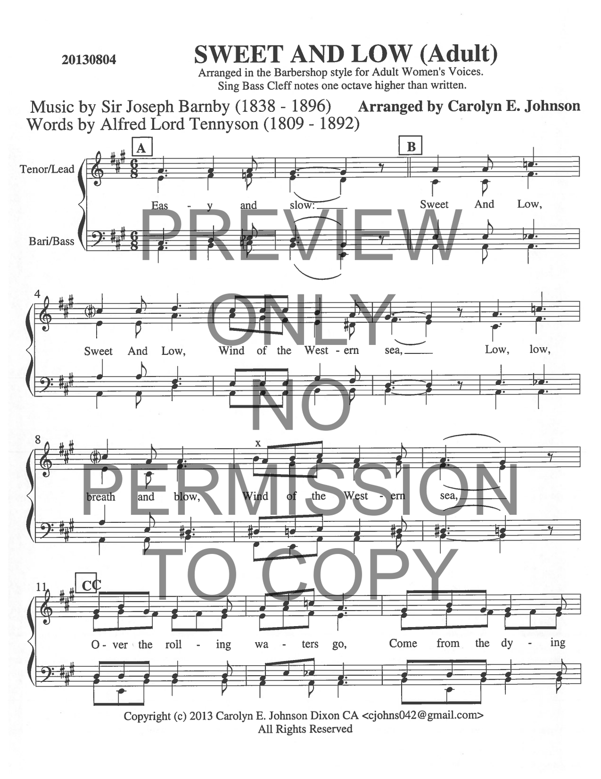 Sweet And Low — sheet music preview, arranged by Carolyn Johnson