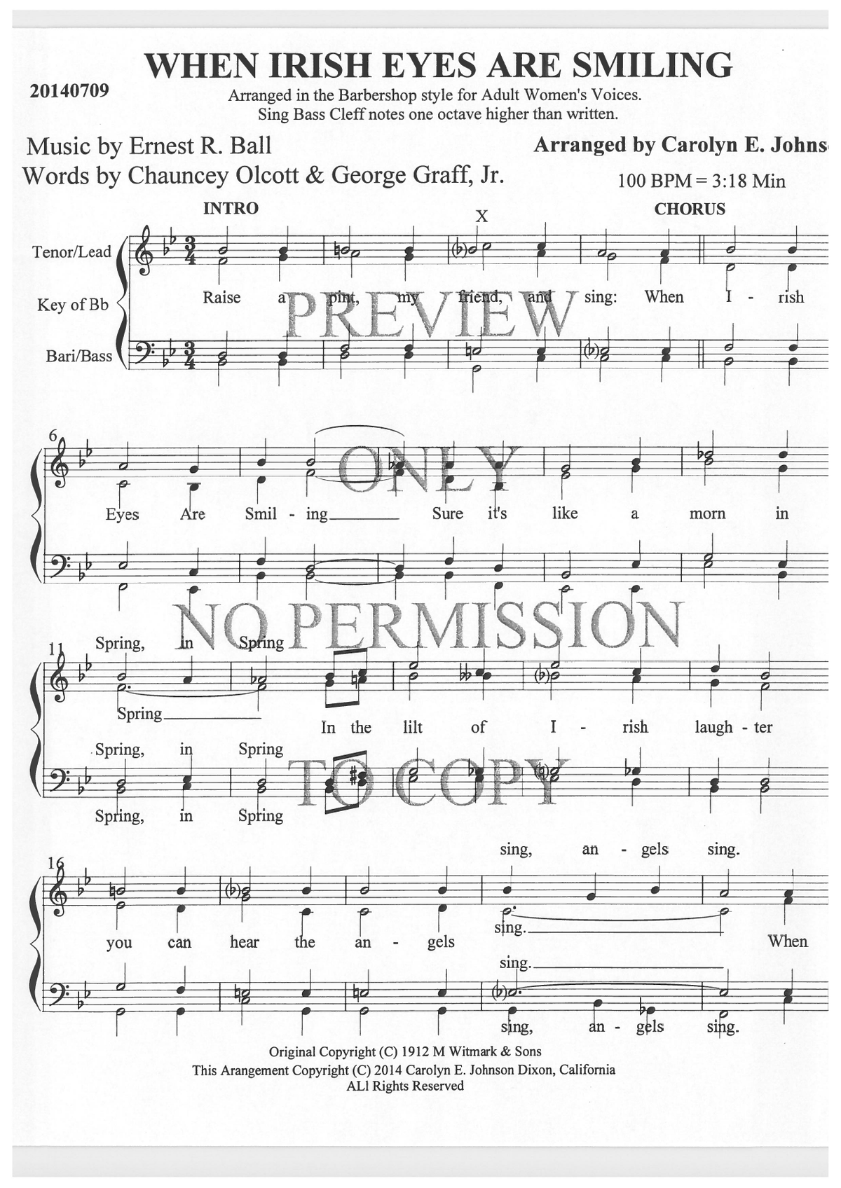 When Irish Eyes Are Smiling — sheet music preview, arranged by Carolyn Johnson