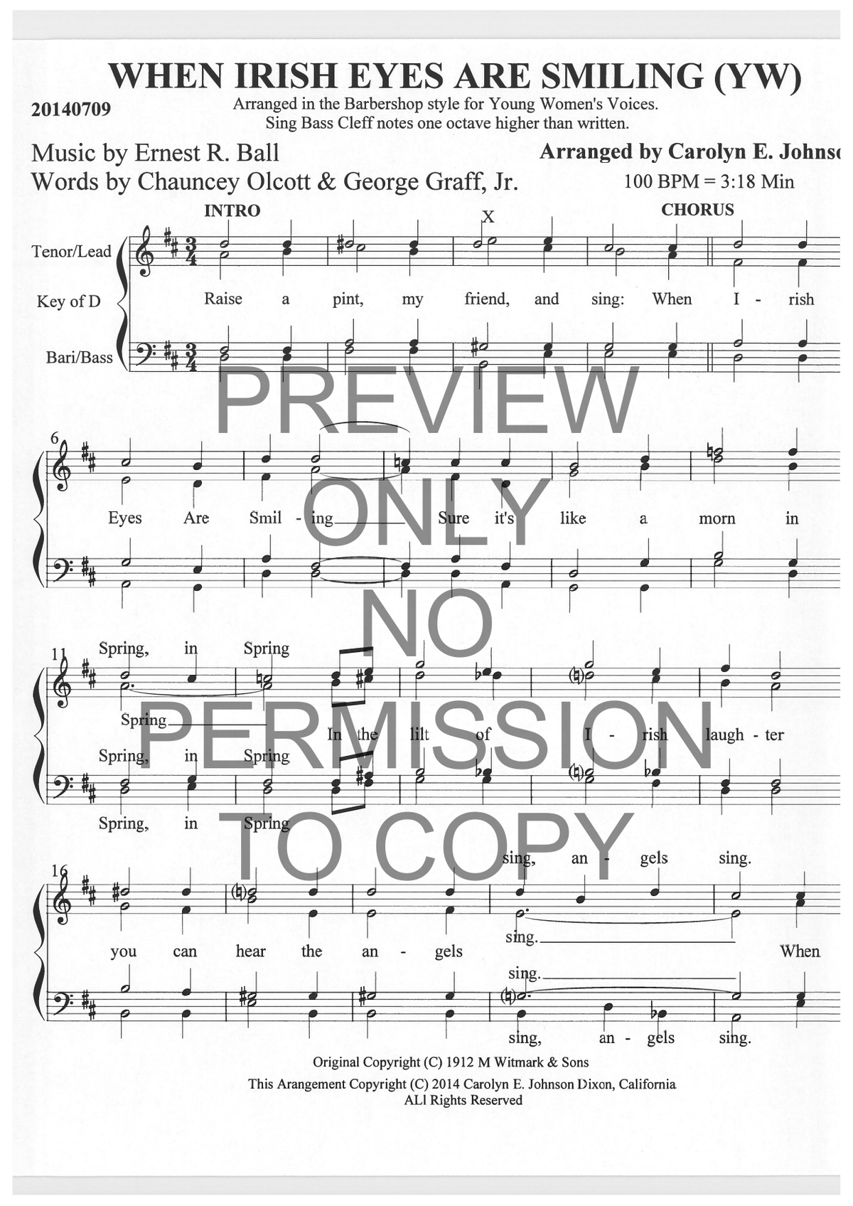 YW - When Irish Eyes Are Smiling — sheet music preview, arranged by Carolyn Johnson