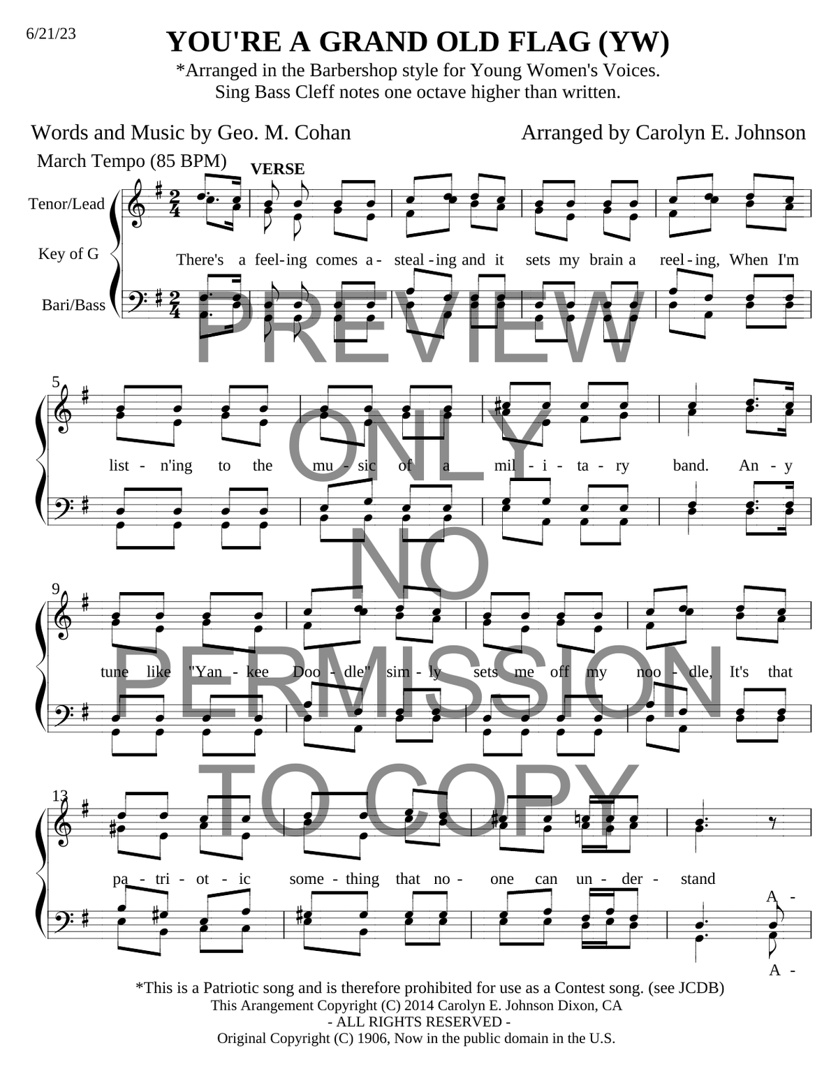 YW - You're A Grand Old Flag — sheet music preview, arranged by Carolyn Johnson