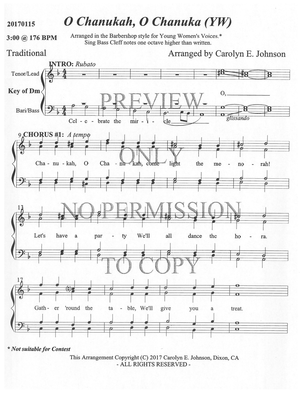 YW - O Chanukah, O Chanukah — sheet music preview, arranged by Carolyn Johnson