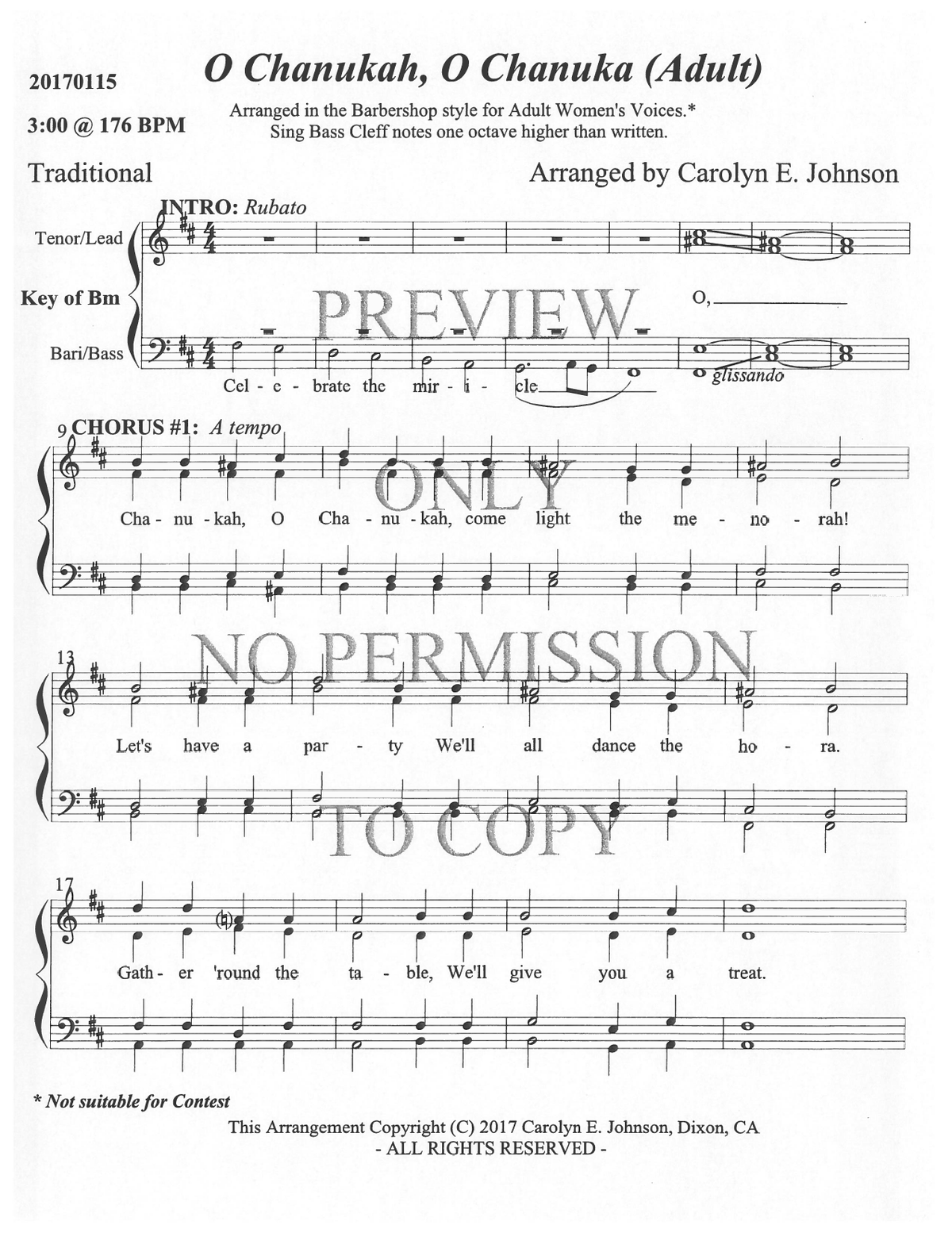 O Chanukah, O Chanukah — sheet music preview, arranged by Carolyn Johnson