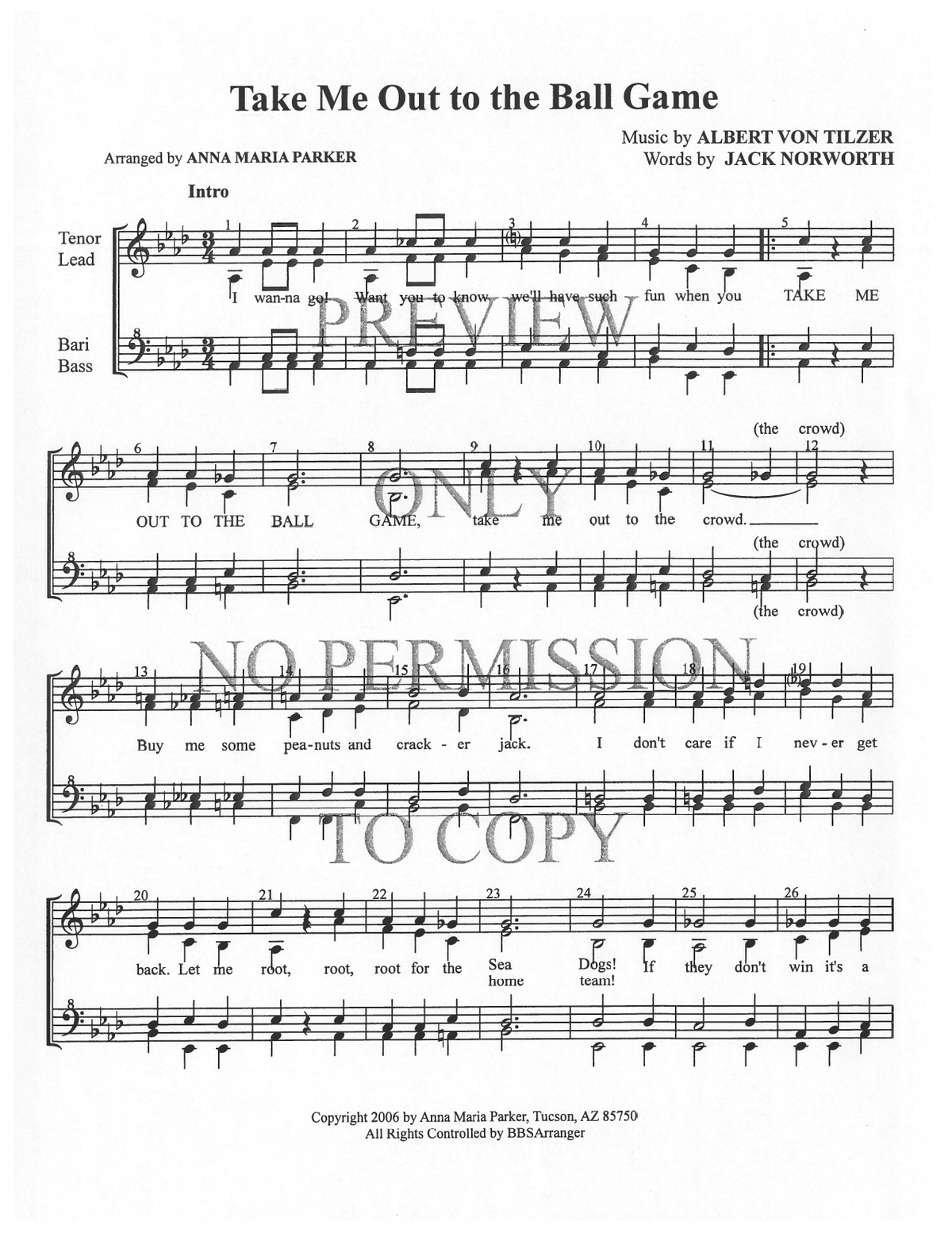 Take Me Out To The Ball Game — sheet music preview, arranged by Anna Maria Parker