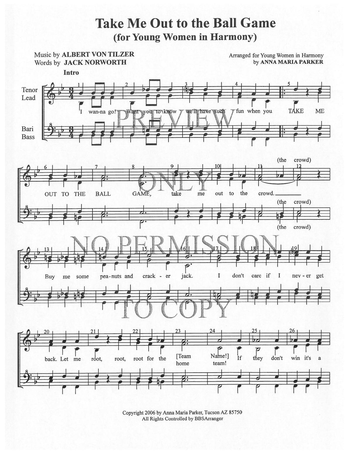 YW - Take Me Out To The Ball Game — sheet music preview, arranged by Anna Maria Parker