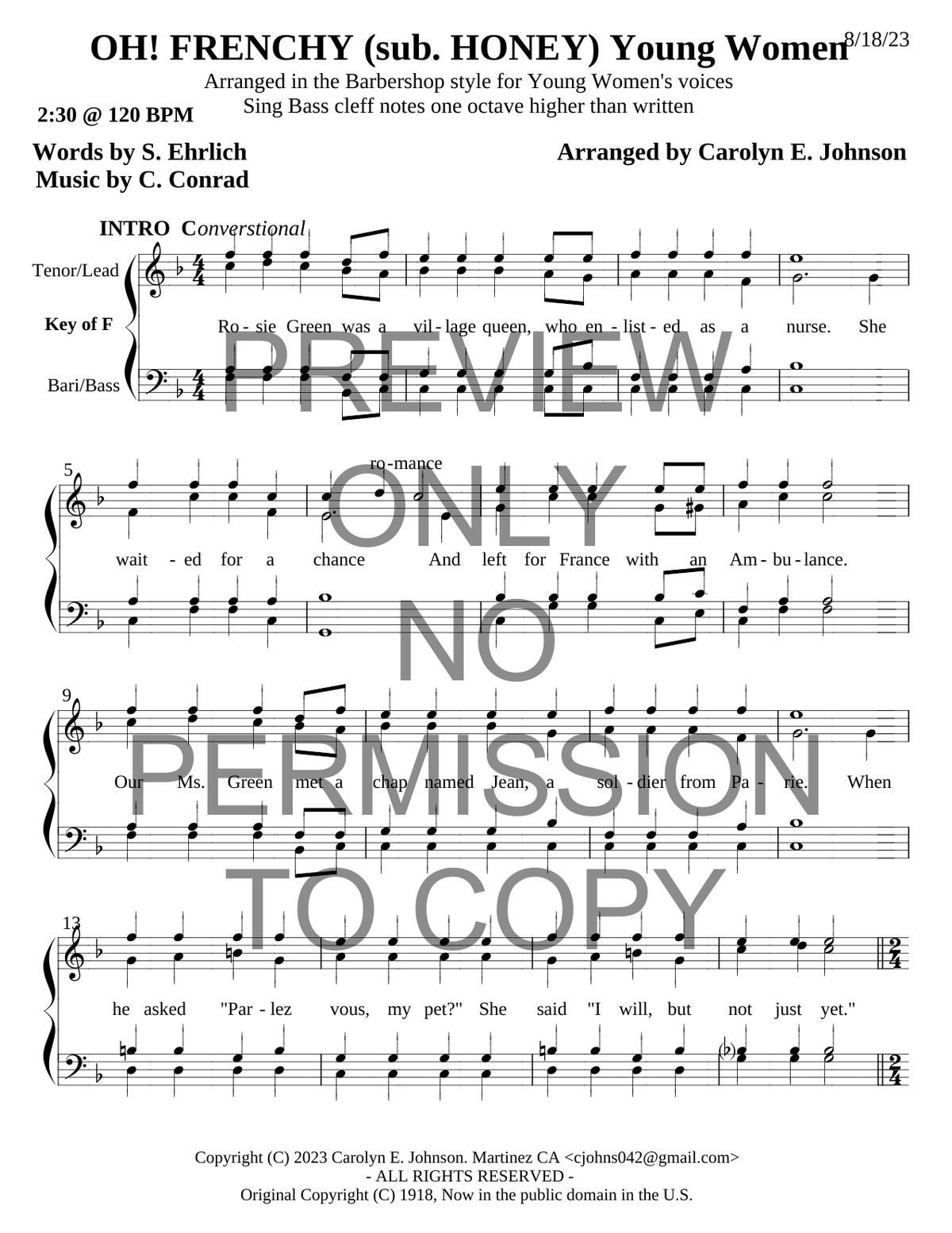 YW - Oh! Honey (Frenchy) — sheet music preview, arranged by Carolyn Johnson