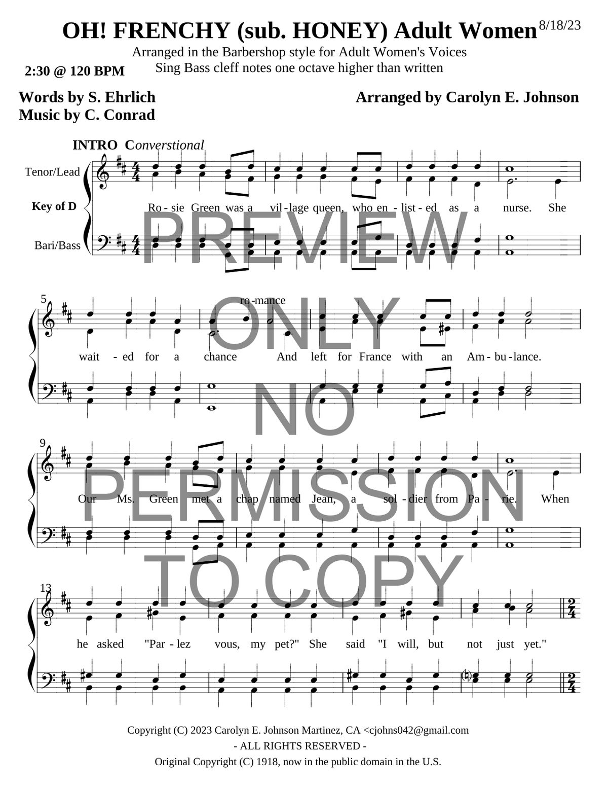 Oh! Honey (Frenchy) — sheet music preview, arranged by Carolyn Johnson