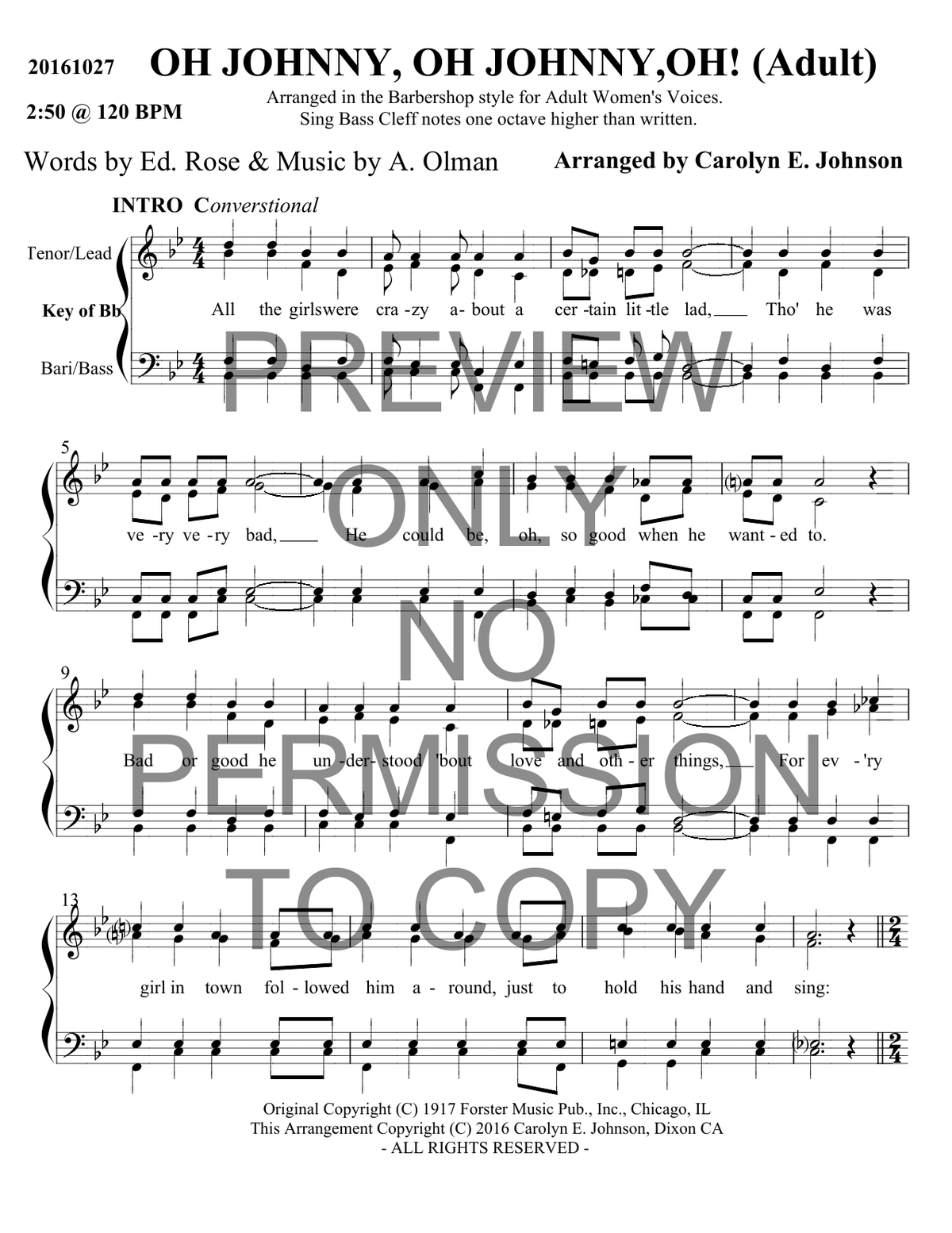 Oh Johnny, Oh Johnny, Oh! — sheet music preview, arranged by Carolyn Johnson