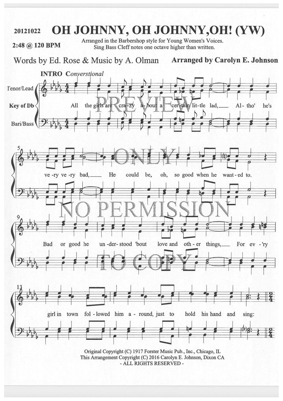 YW - Oh Johnny, Oh Johnny, Oh! — sheet music preview, arranged by Carolyn Johnson