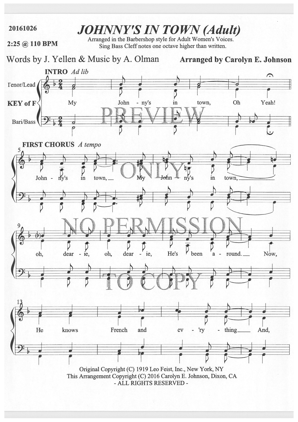 Johnny's In Town — sheet music preview, arranged by Carolyn Johnson