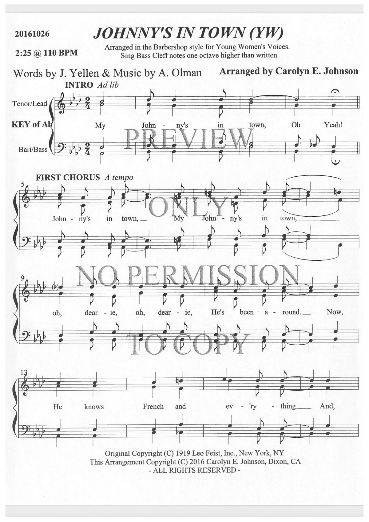 YW - Johnny's In Town — sheet music preview, arranged by Carolyn Johnson