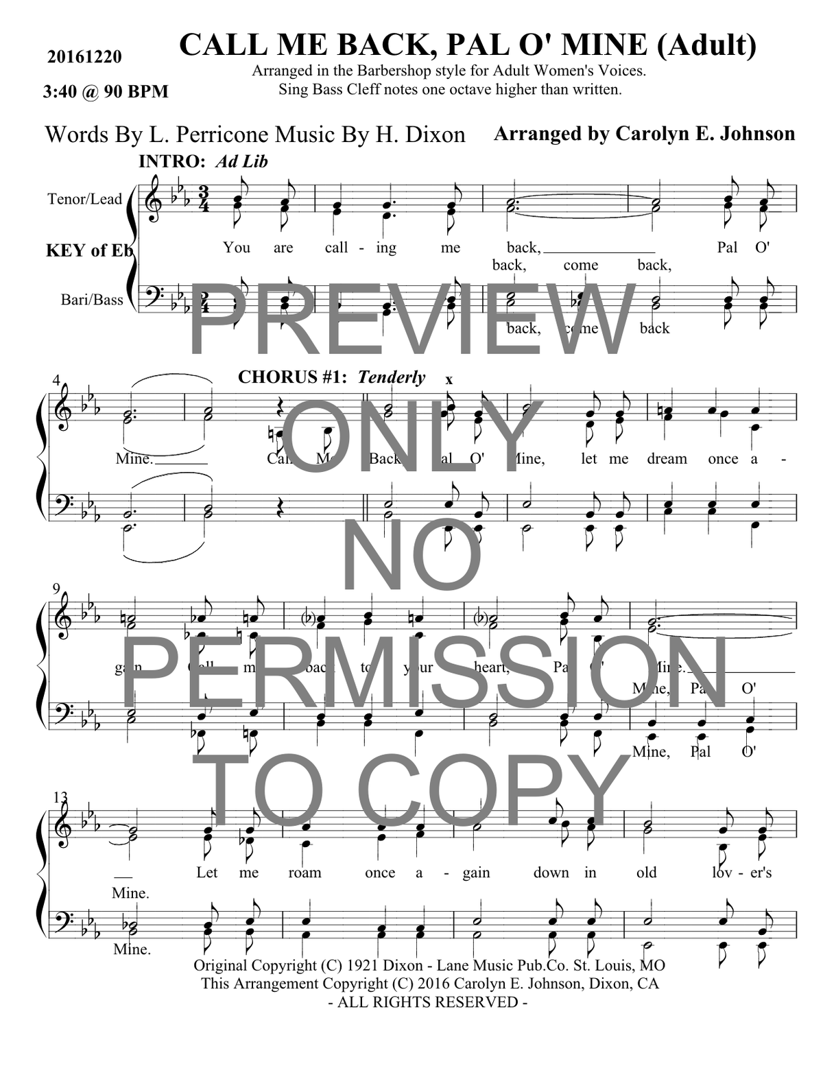 Call Me Back, Pal O'Mine — sheet music preview, arranged by Carolyn Johnson