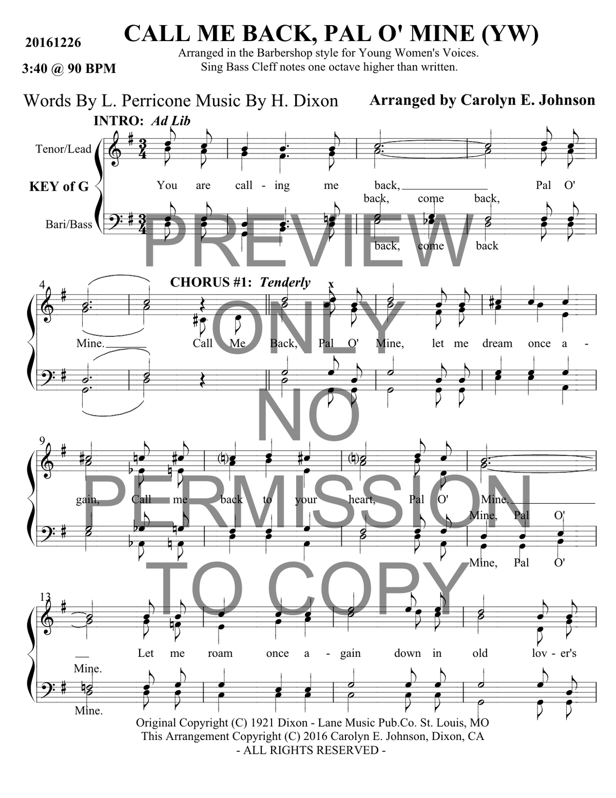 YW - Call Me Back, Pal O'Mine — sheet music preview, arranged by Carolyn Johnson