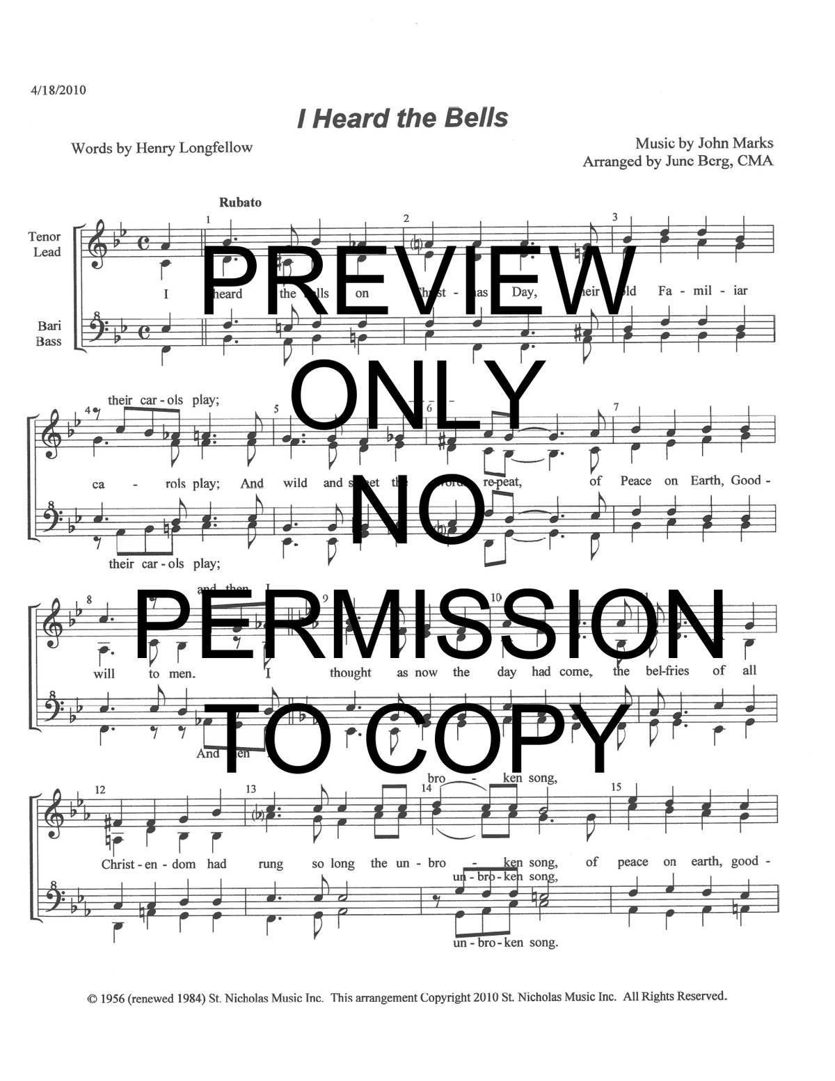 I Heard The Bells On Christmas Day — sheet music preview, arranged by June Berg