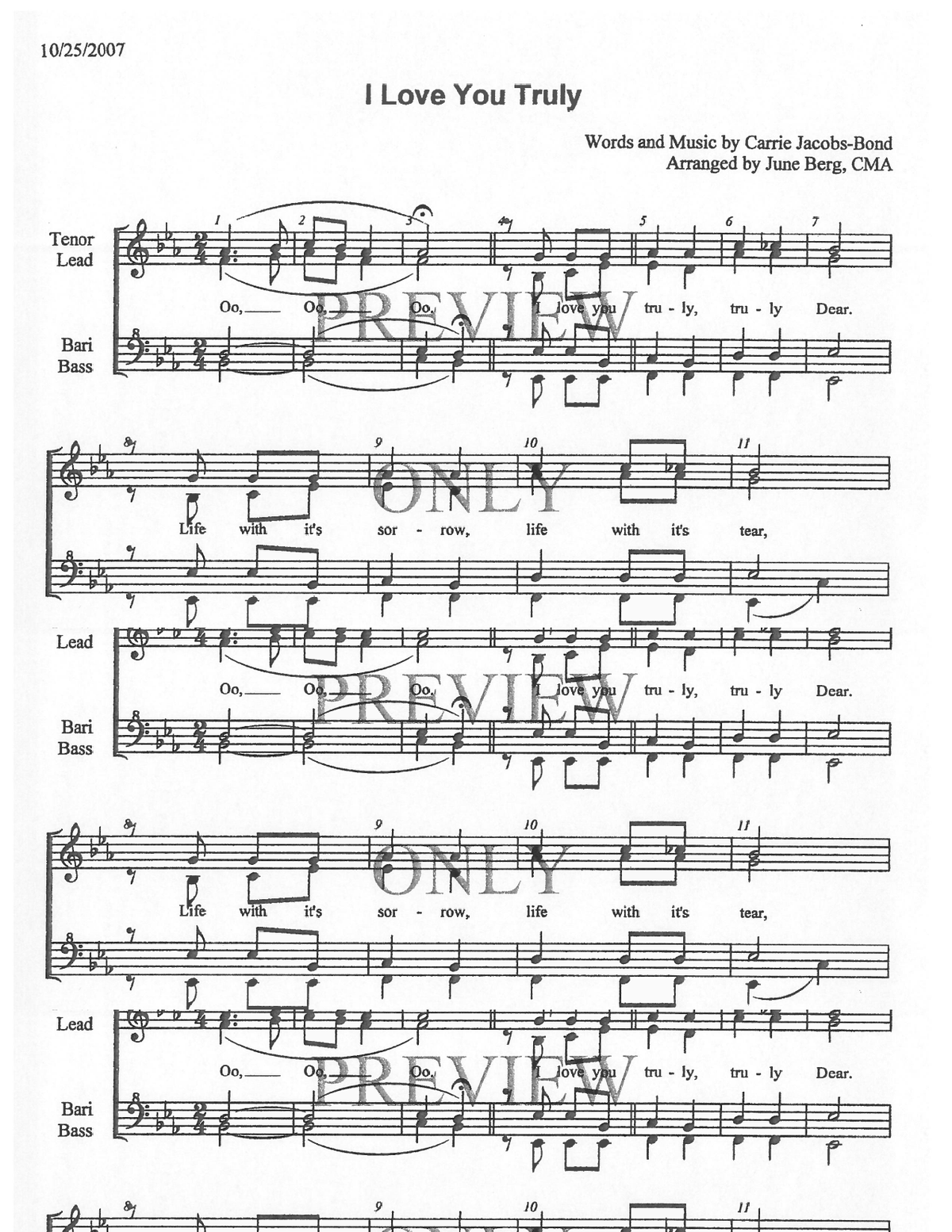 I Love You Truly — sheet music preview, arranged by June Berg