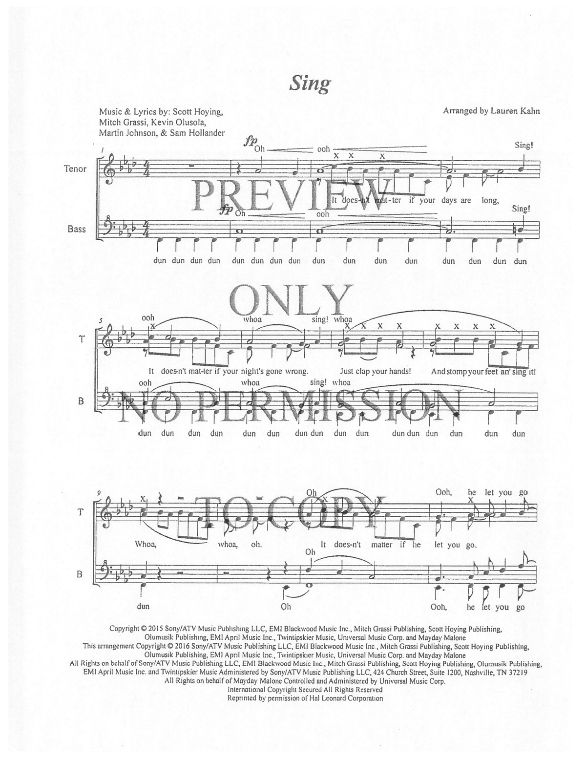 Sing — sheet music preview, arranged by Lauren Kahn