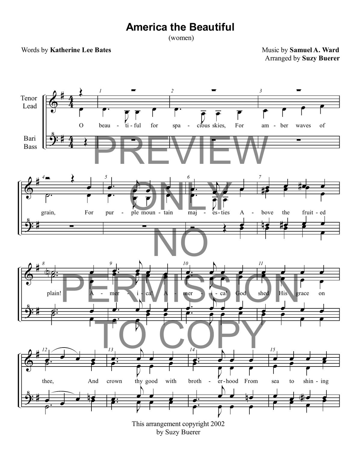America The Beautiful — sheet music preview, arranged by Suzy Buerer