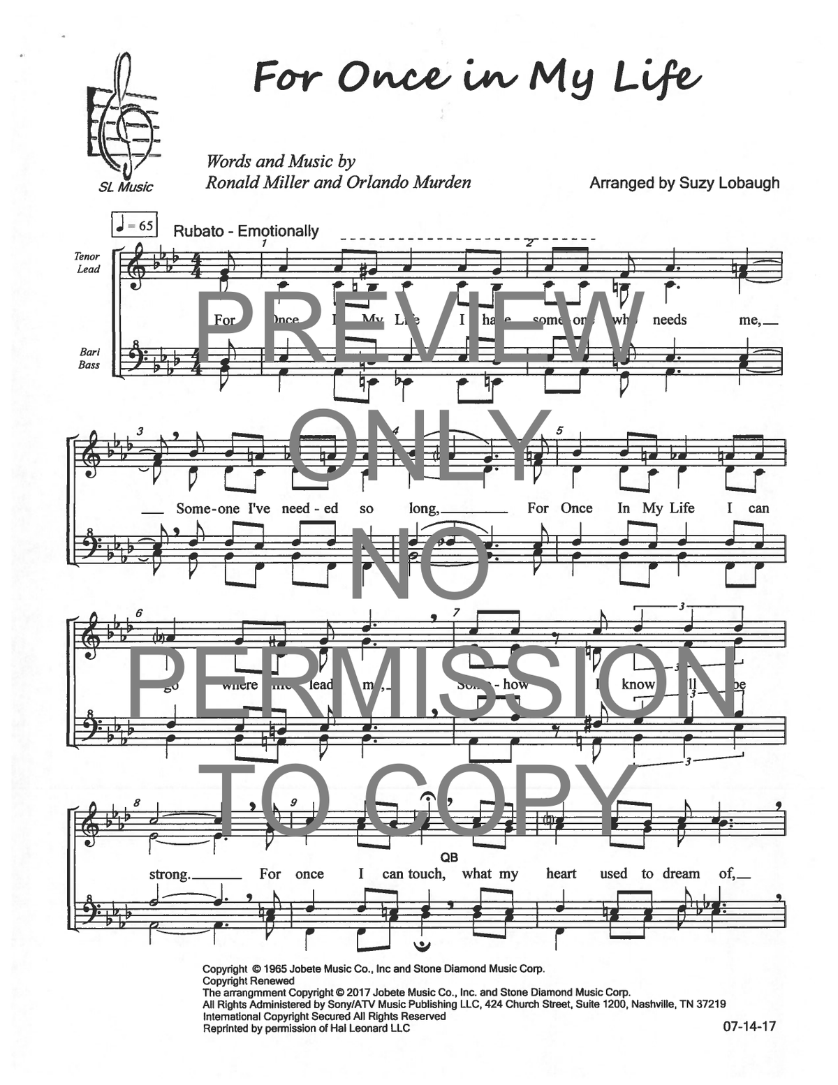 For Once In My Life — sheet music preview, arranged by Suzy Lobaugh