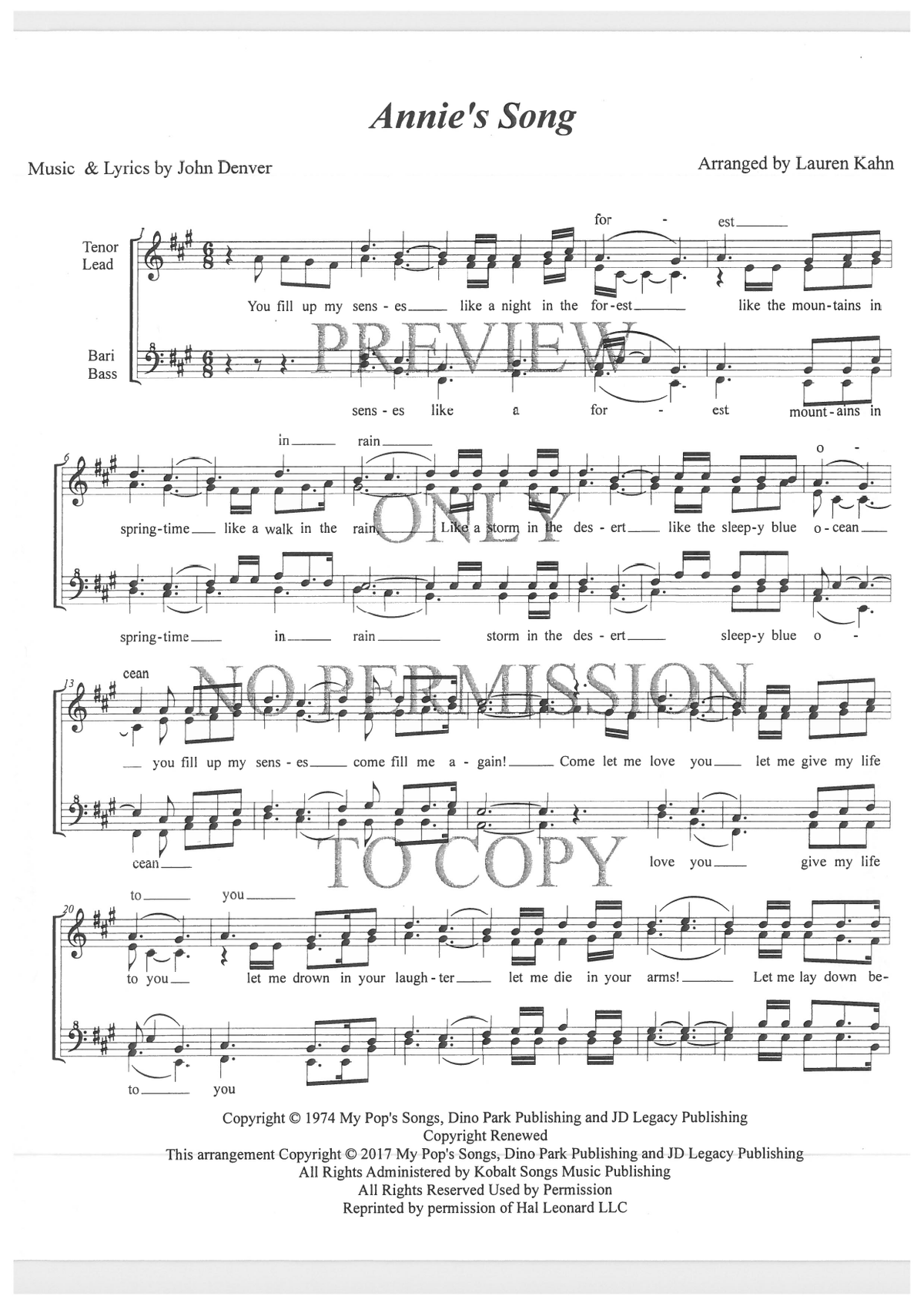 Annie's Song — sheet music preview, arranged by Lauren Kahn